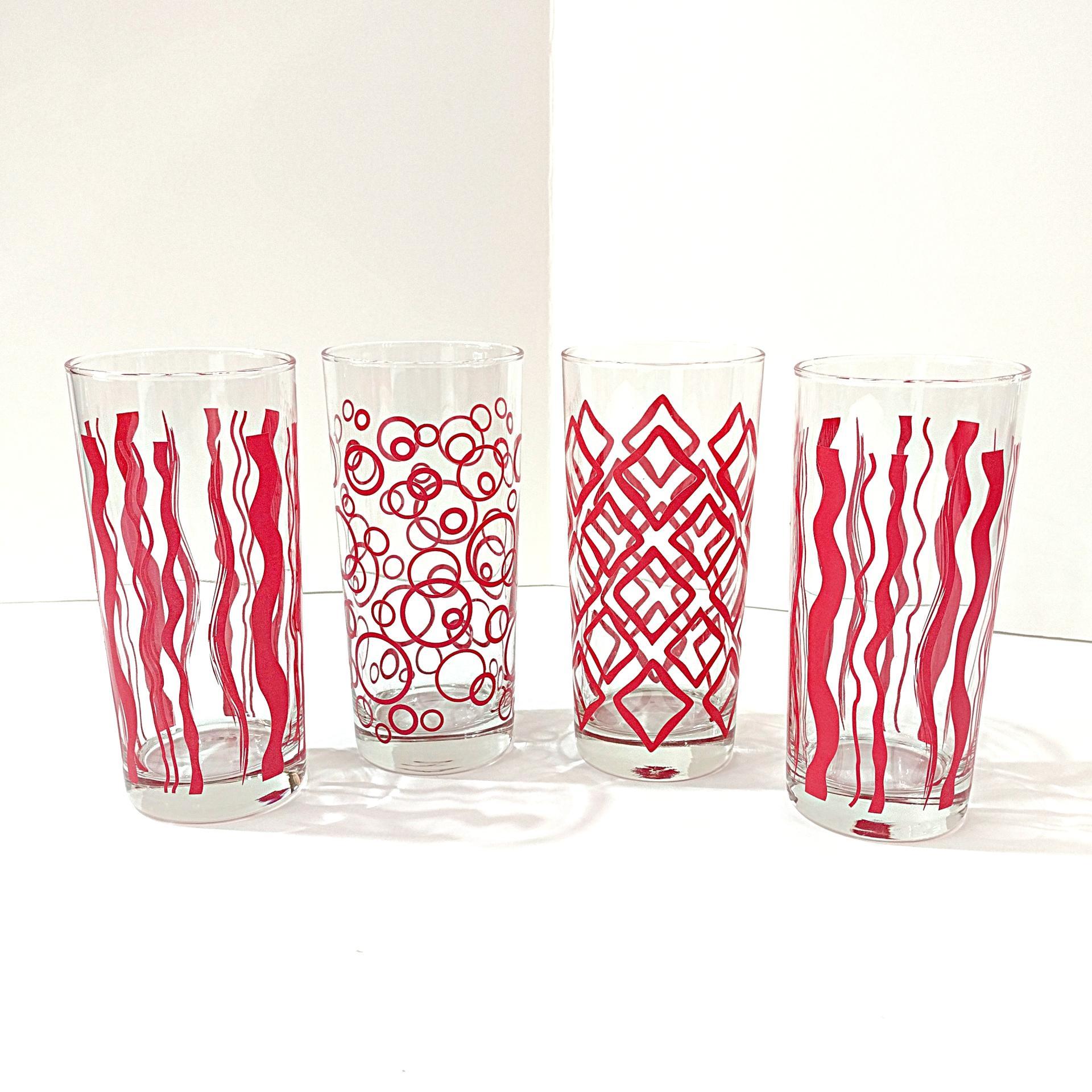 Vintage MCM Red and White Geometric and Wavy 16 Ounce Glass Tumblers, Set of 4, Retro Barware