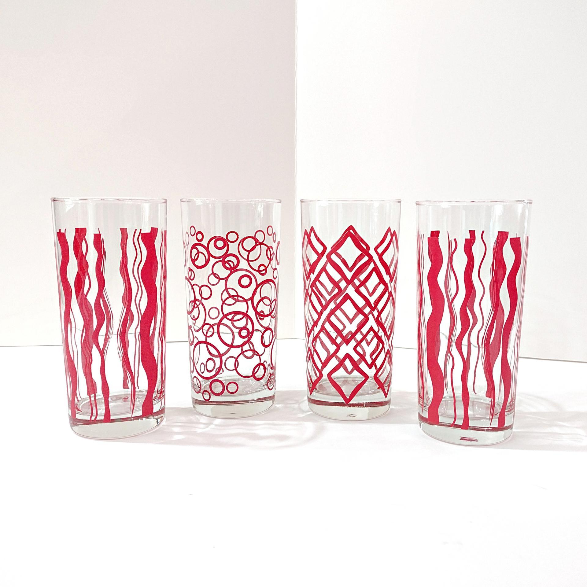 Vintage MCM Red and White Geometric and Wavy 16 Ounce Glass Tumblers, Set of 4, Retro Barware