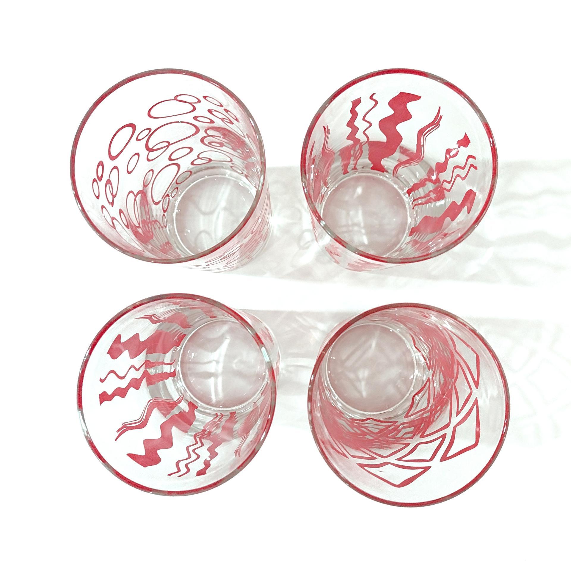 Vintage MCM Red and White Geometric and Wavy 16 Ounce Glass Tumblers, Set of 4, Retro Barware