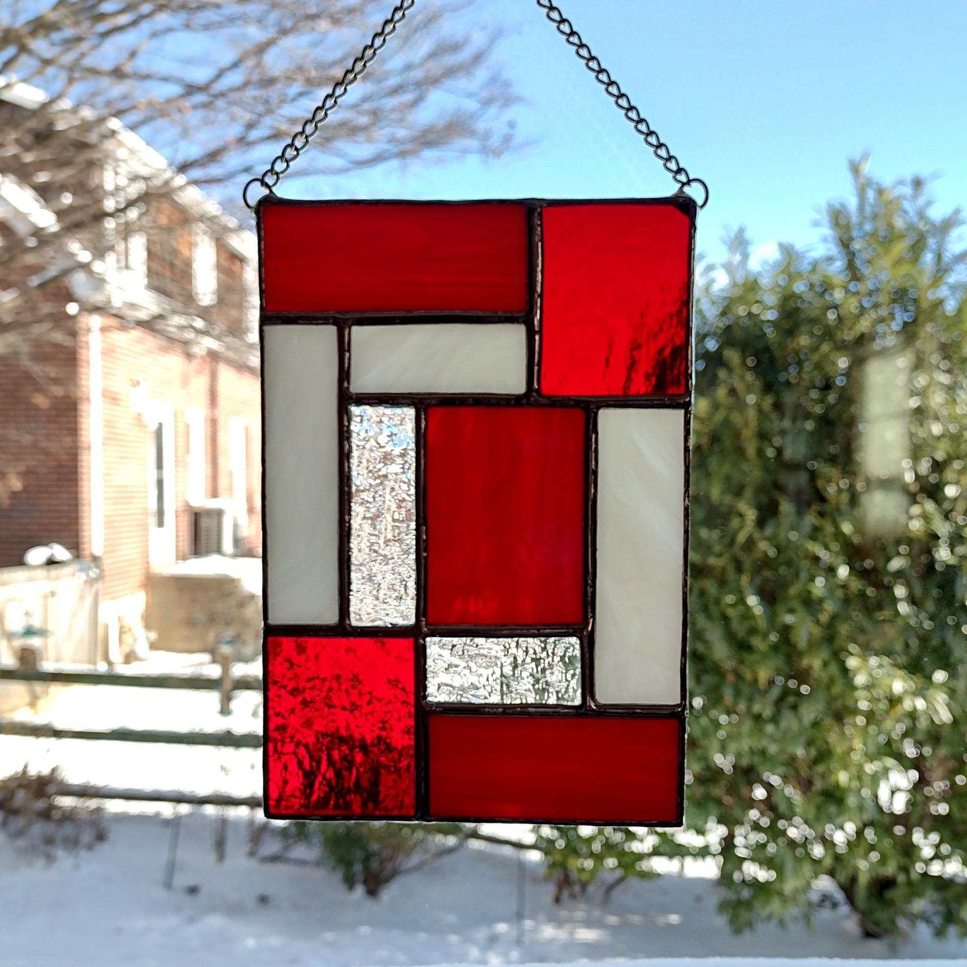 Red and White Geometric Stained Glass Panel Suncatcher, Mondrian Stained Glass Suncatcher, Custom Colors Available