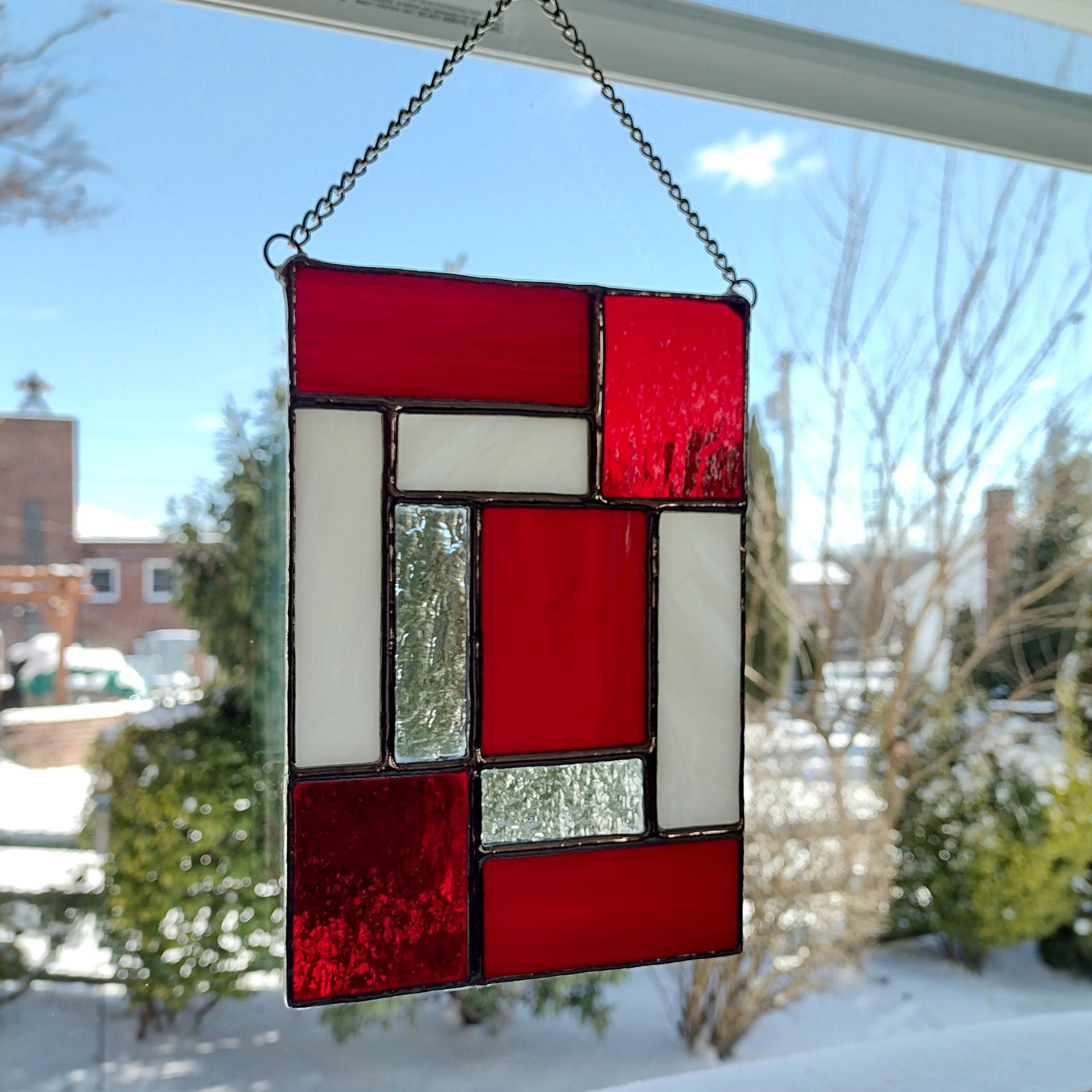 Red and White Geometric Stained Glass Panel Suncatcher, Mondrian Stained Glass Suncatcher, Custom Colors Available