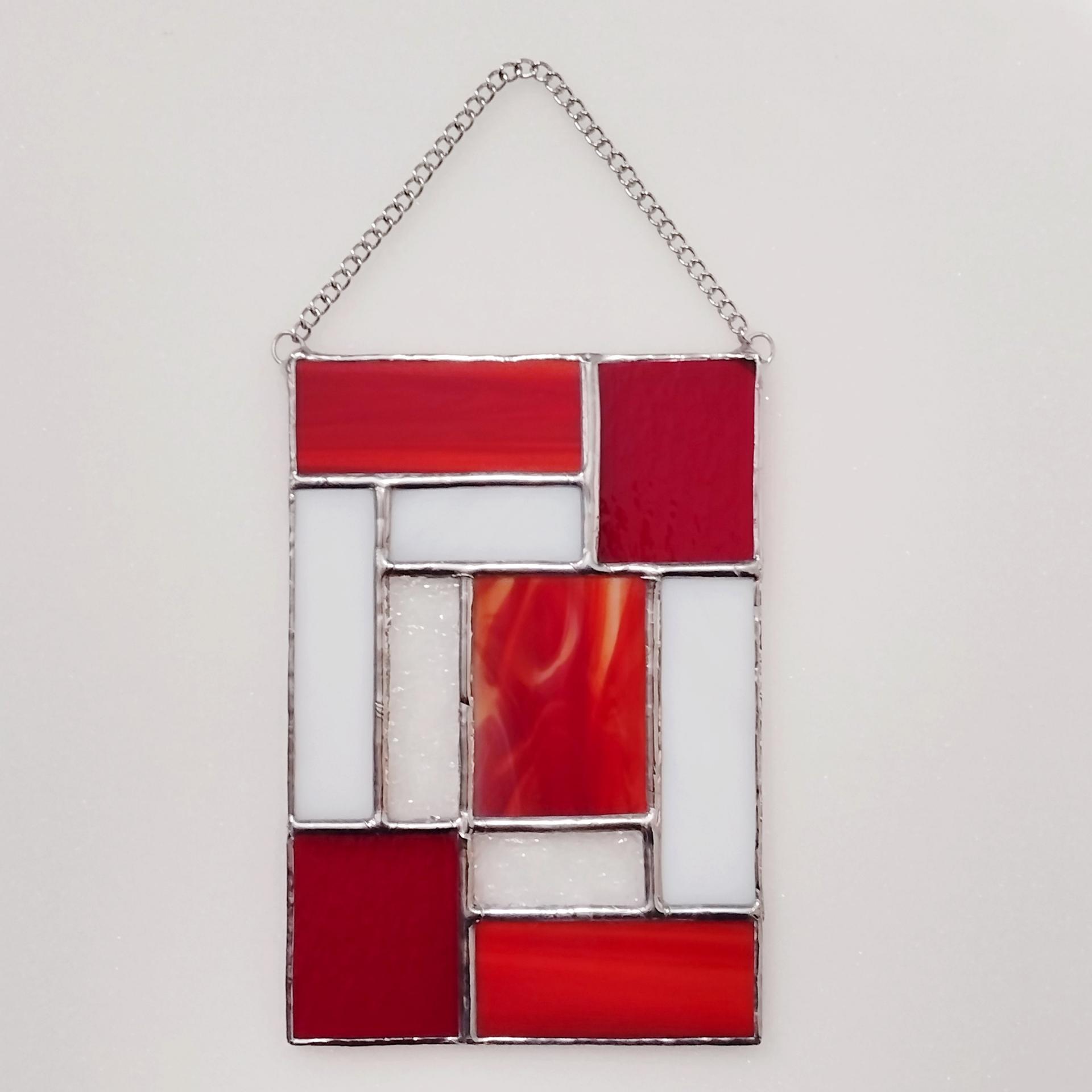 Red and White Geometric Stained Glass Panel Suncatcher, Mondrian Stained Glass Suncatcher, Custom Colors Available