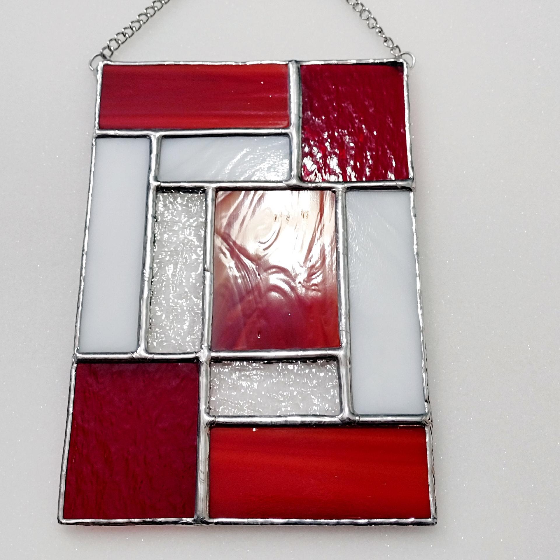 Red and White Geometric Stained Glass Panel Suncatcher, Mondrian Stained Glass Suncatcher, Custom Colors Available