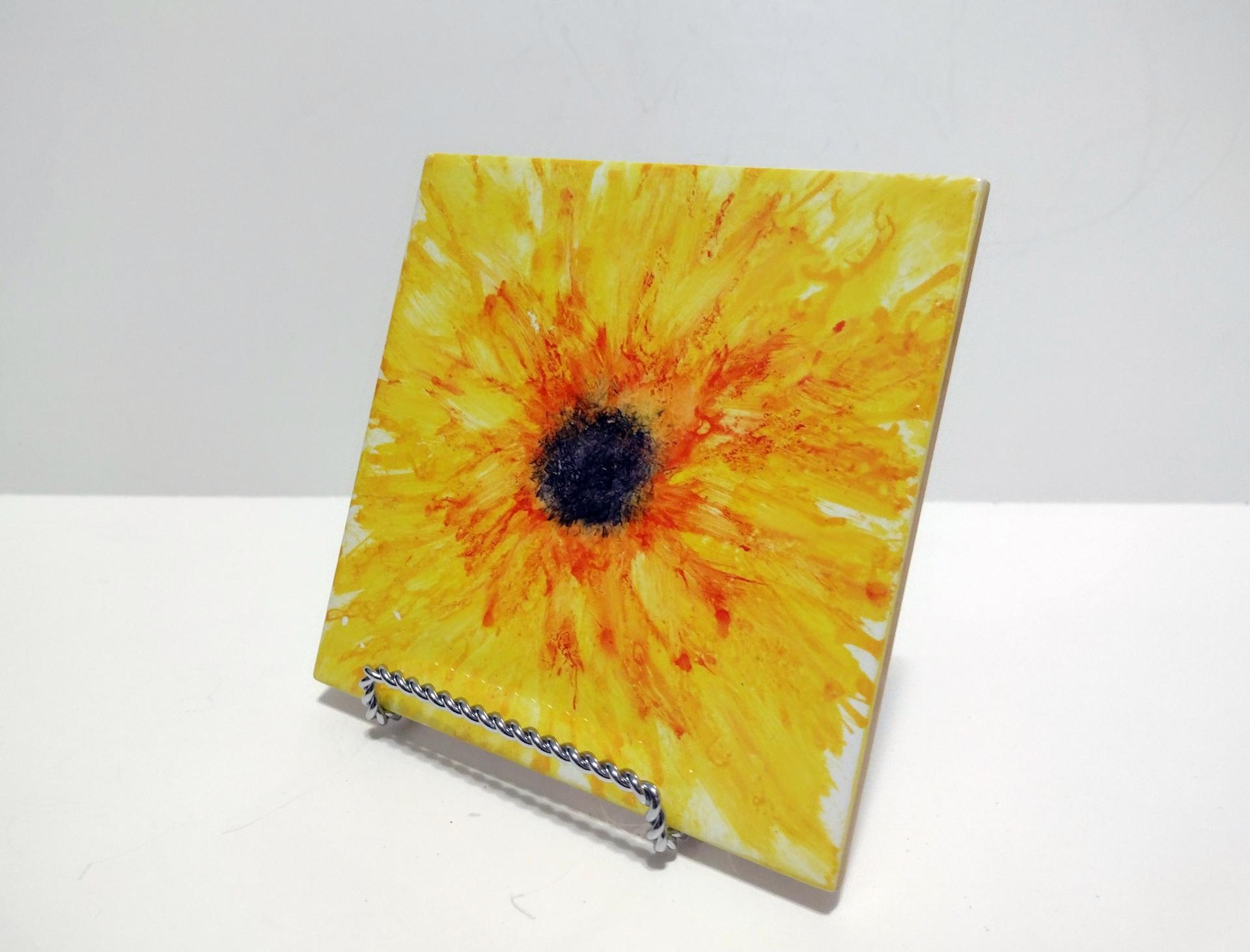 Alcohol Ink Ceramic Tile Trivet, 6" x 6", Orange and Yellow Sunflower Painting