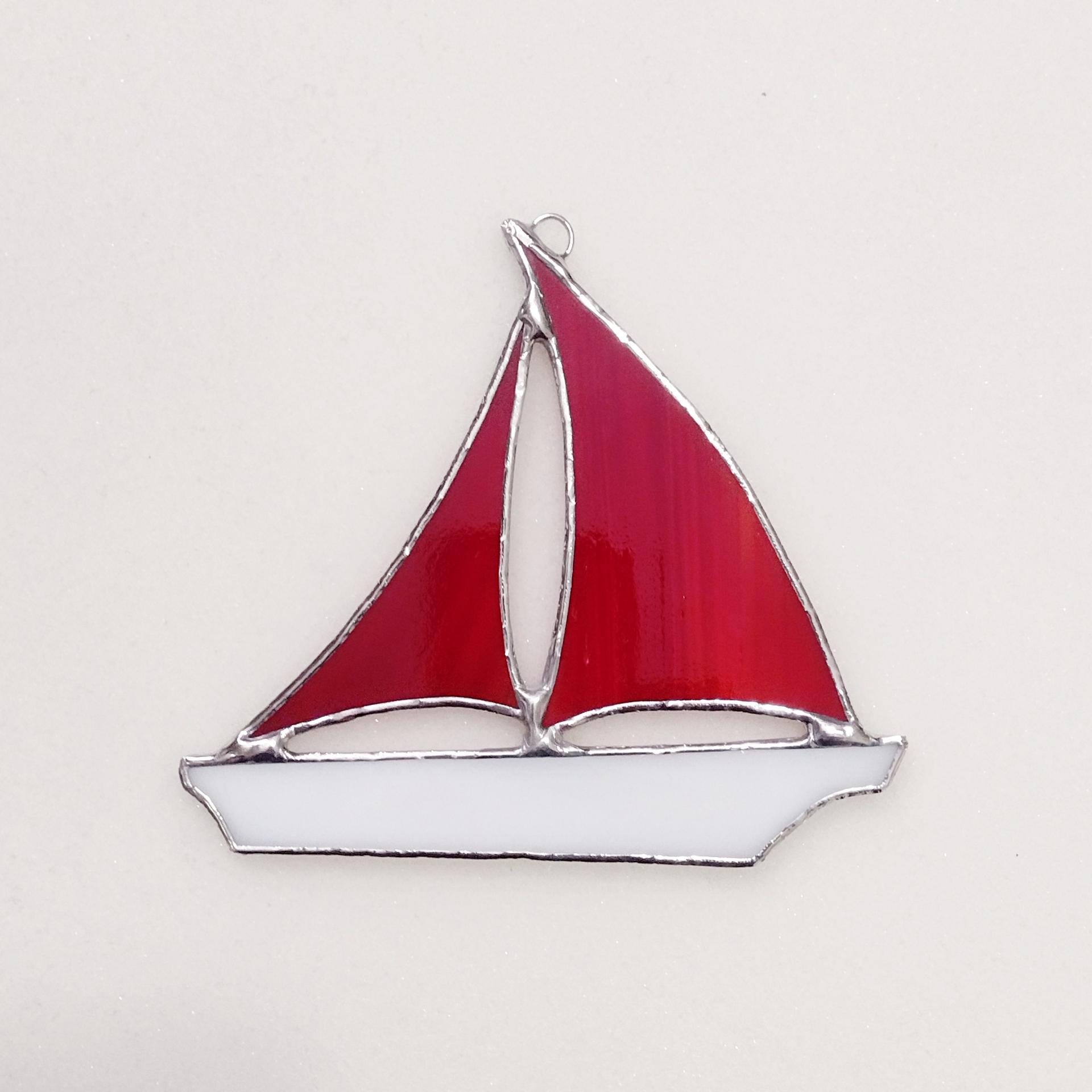Red and White Stained Glass Sailboat Suncatcher