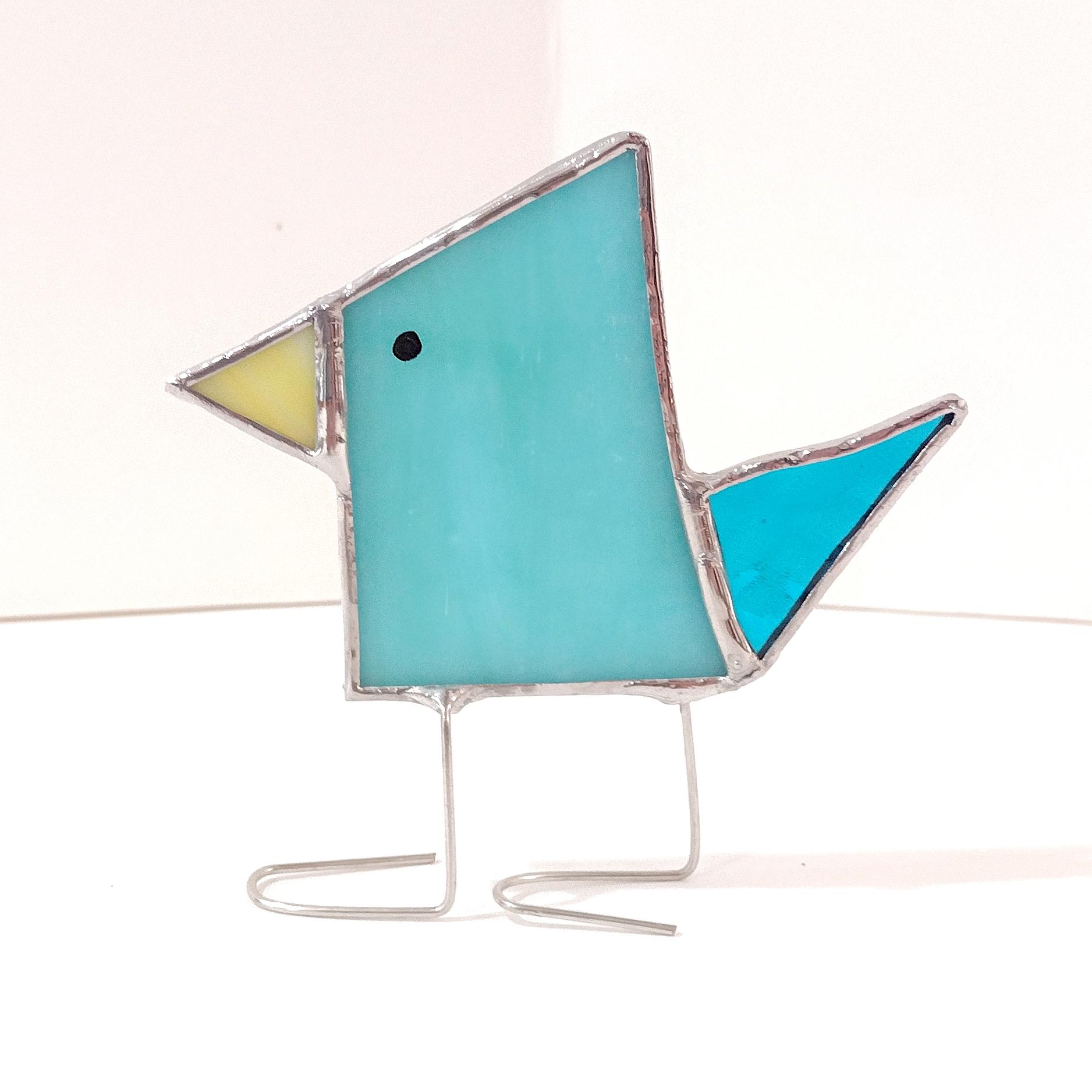 Stained Glass Standing Bird, Funky Blue Glass Bird Suncatcher, Bird Lover Gift, Windowsill Sitter
