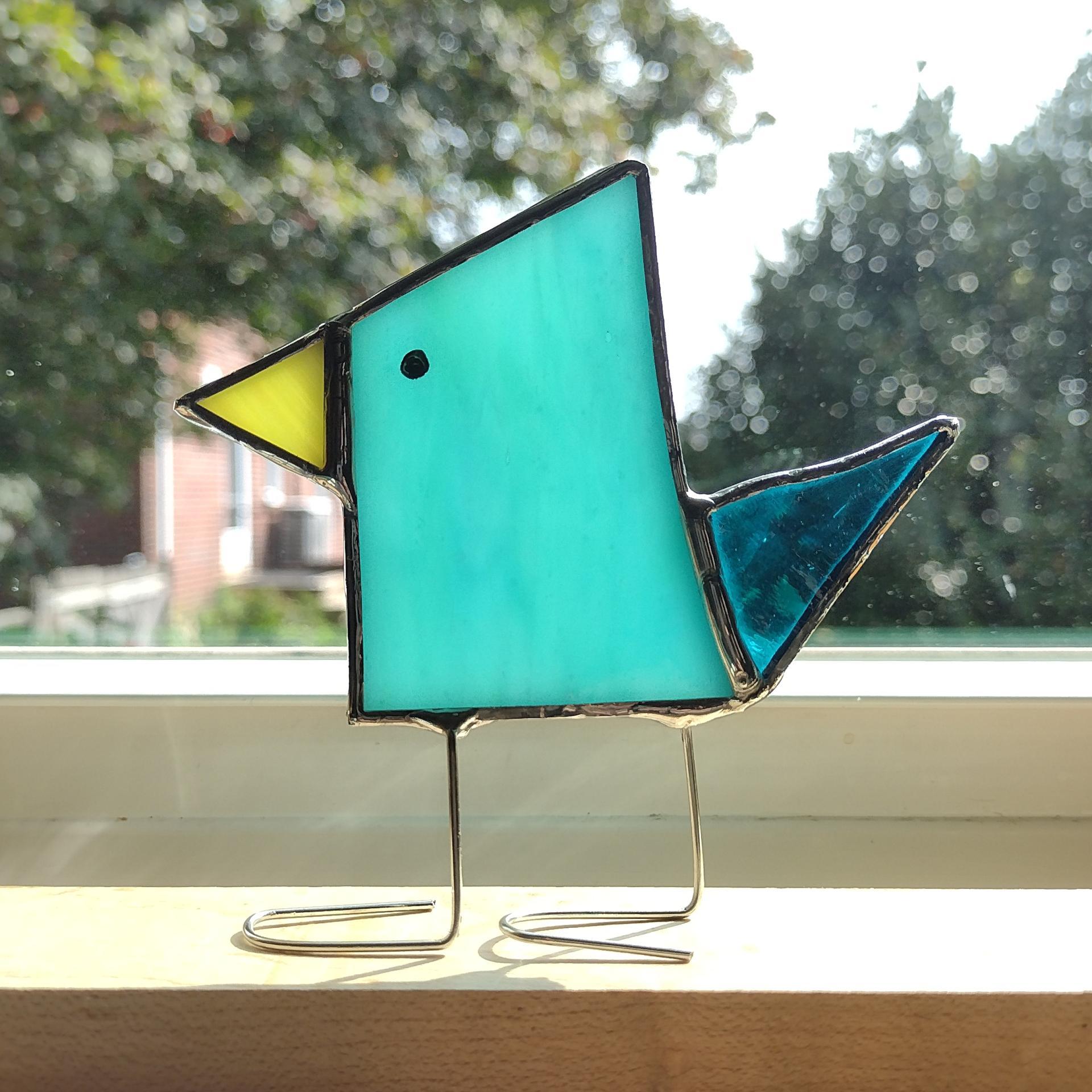 Stained Glass Standing Bird, Funky Blue Glass Bird Suncatcher, Bird Lover Gift, Windowsill Sitter