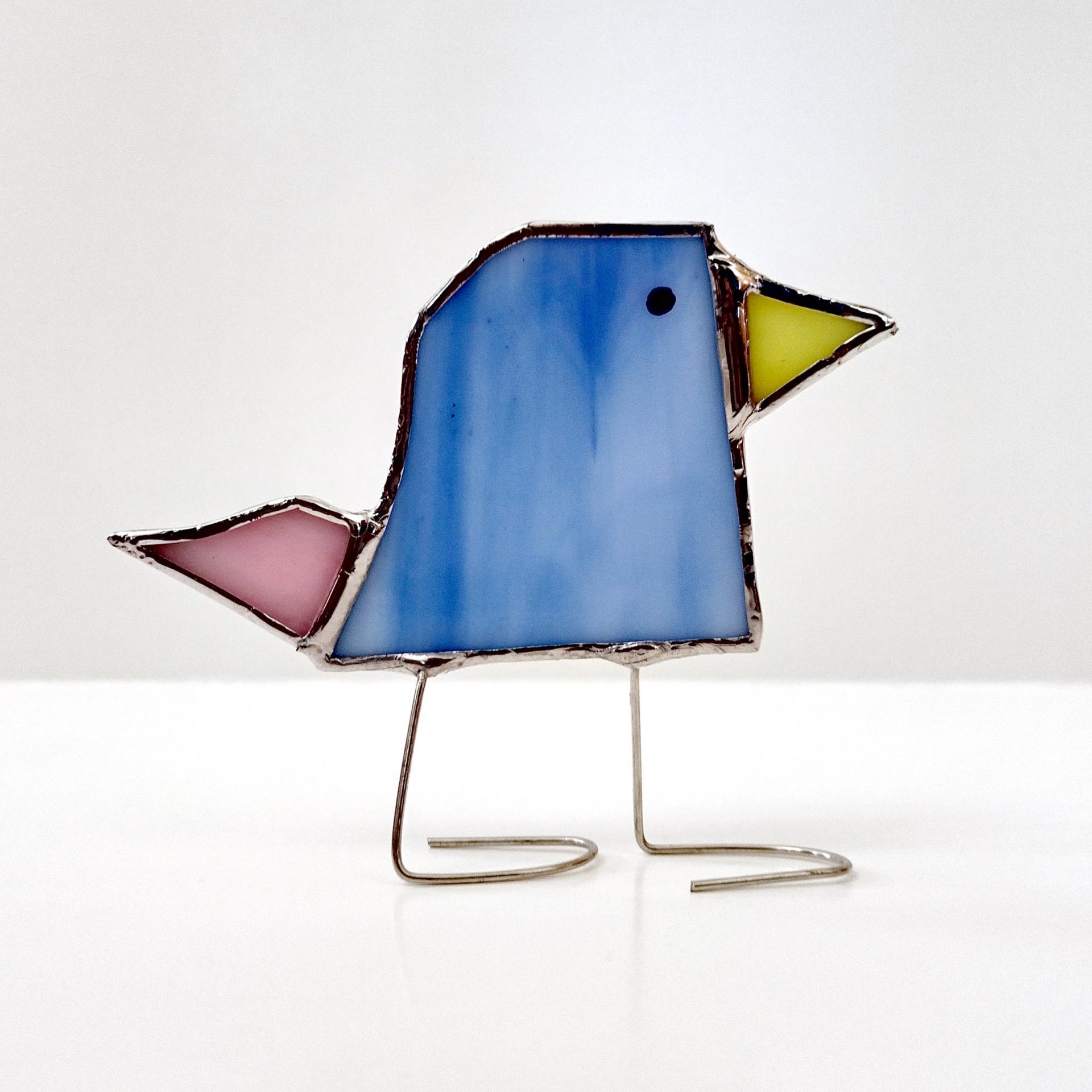 Stained Glass Standing Bird, Funky Glass Bird, Blue and Pink Bird Suncatcher, Windowsill Free Standing Bird