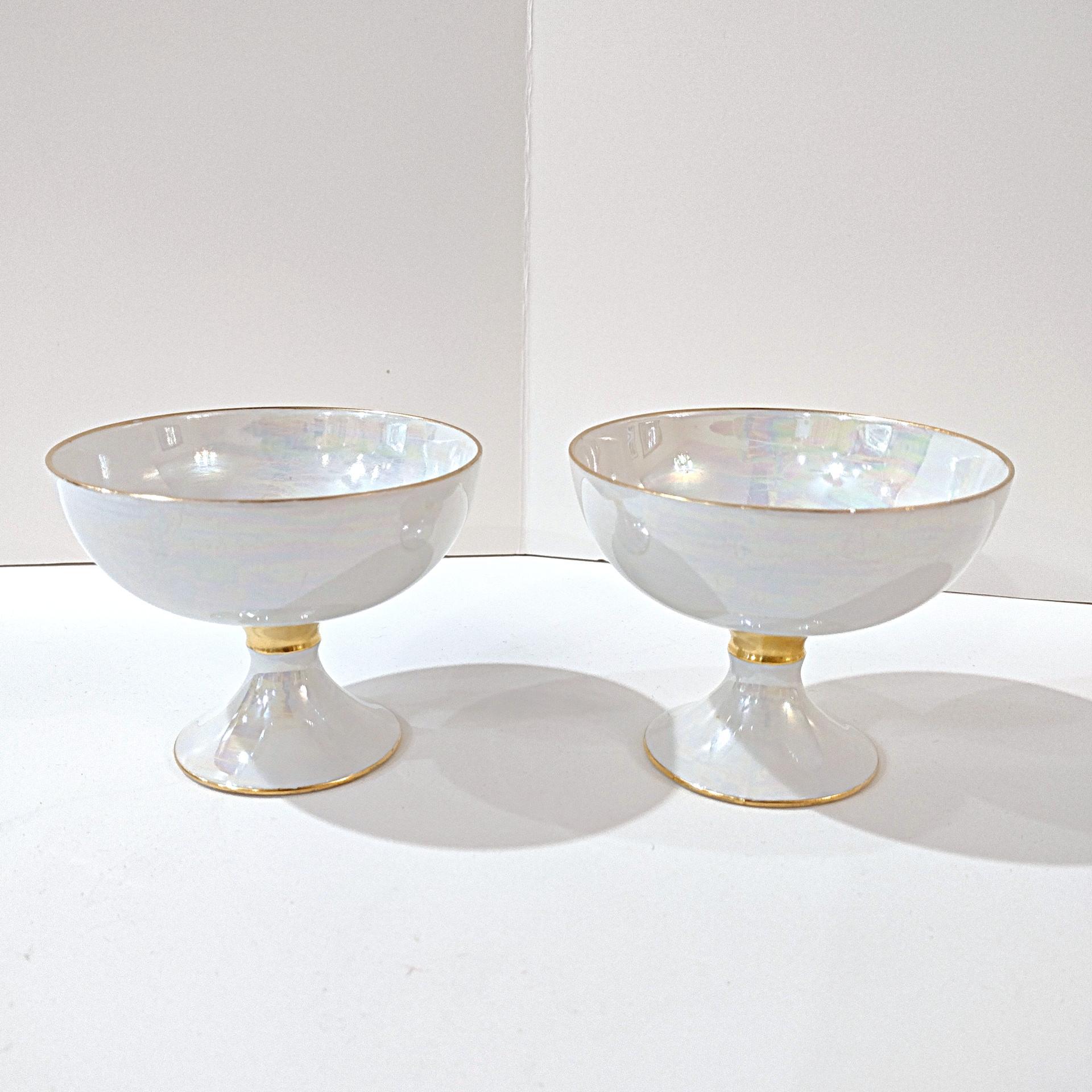 Antique H & C Schlaggenwald Czechoslovakia Rainbow Iridescent Lusterware Low Sherbet Dessert Fruit Cups, Set of 2, Vintage Lustreware Bowls