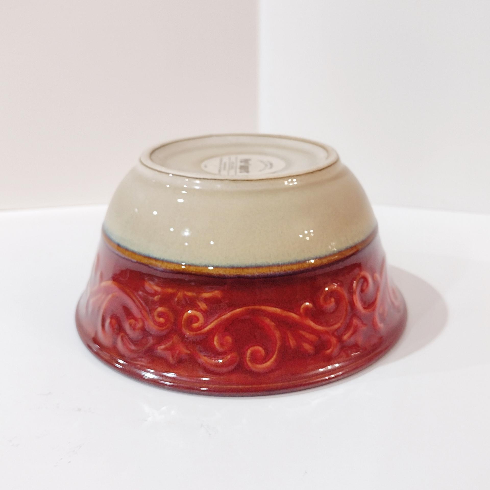 Pier One Red Scroll Ceramic Soup Cereal Large Bowls, Set of Four, Tuscan Style Bowls