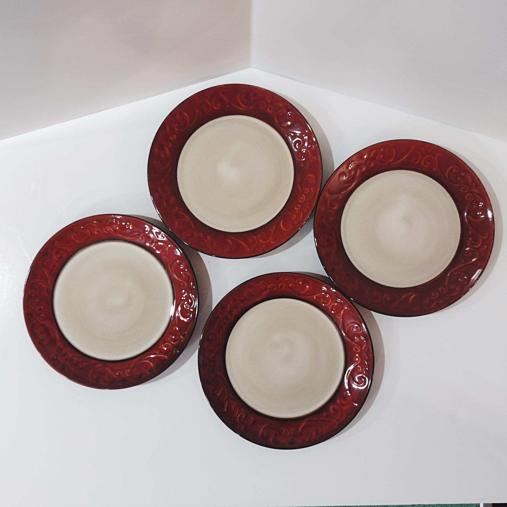 Pier One Red Scroll Ceramic Salad Appetizer Plates, Set of Four, Tuscan Style Plates