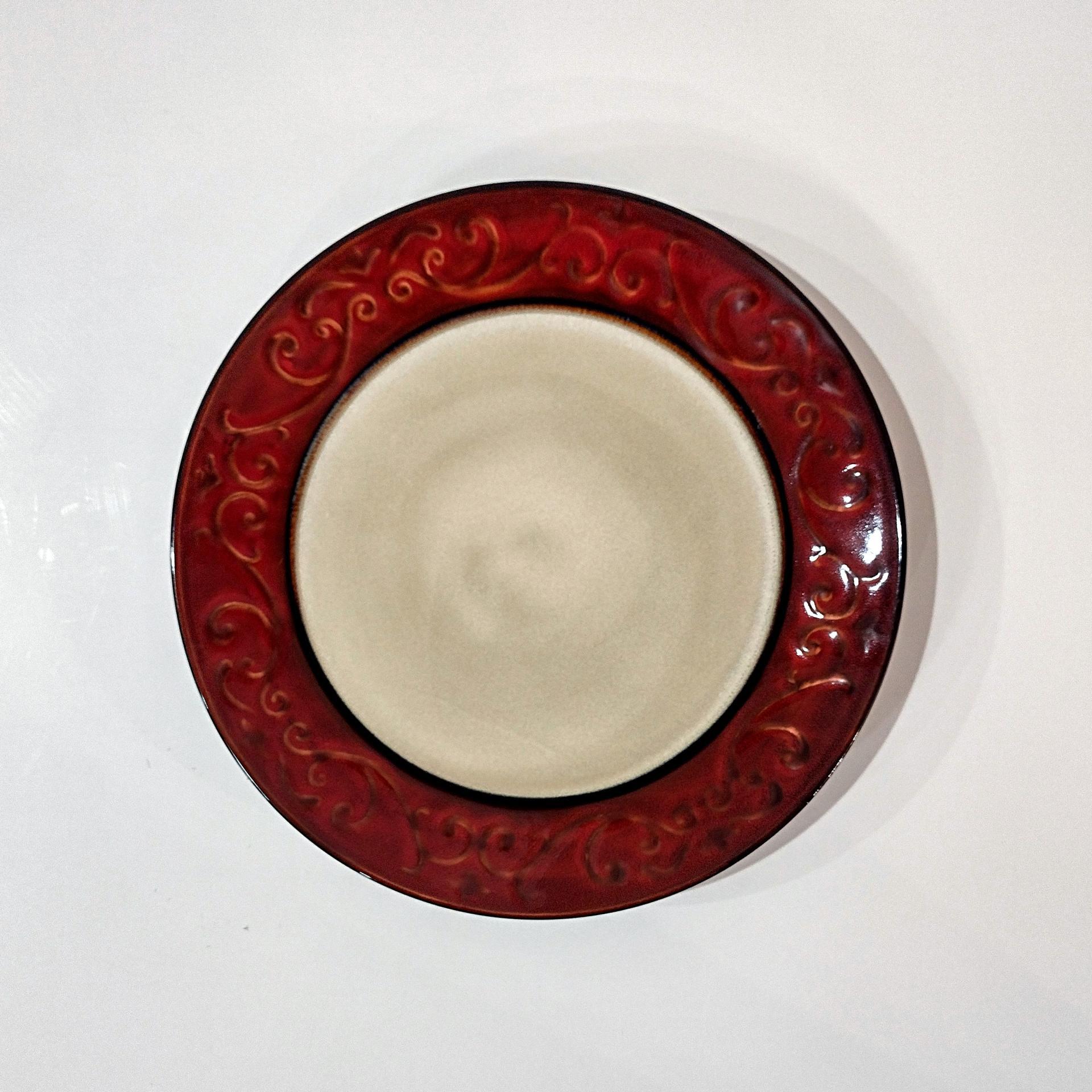 Pier One Red Scroll Ceramic Salad Appetizer Plates, Set of Four, Tuscan Style Plates