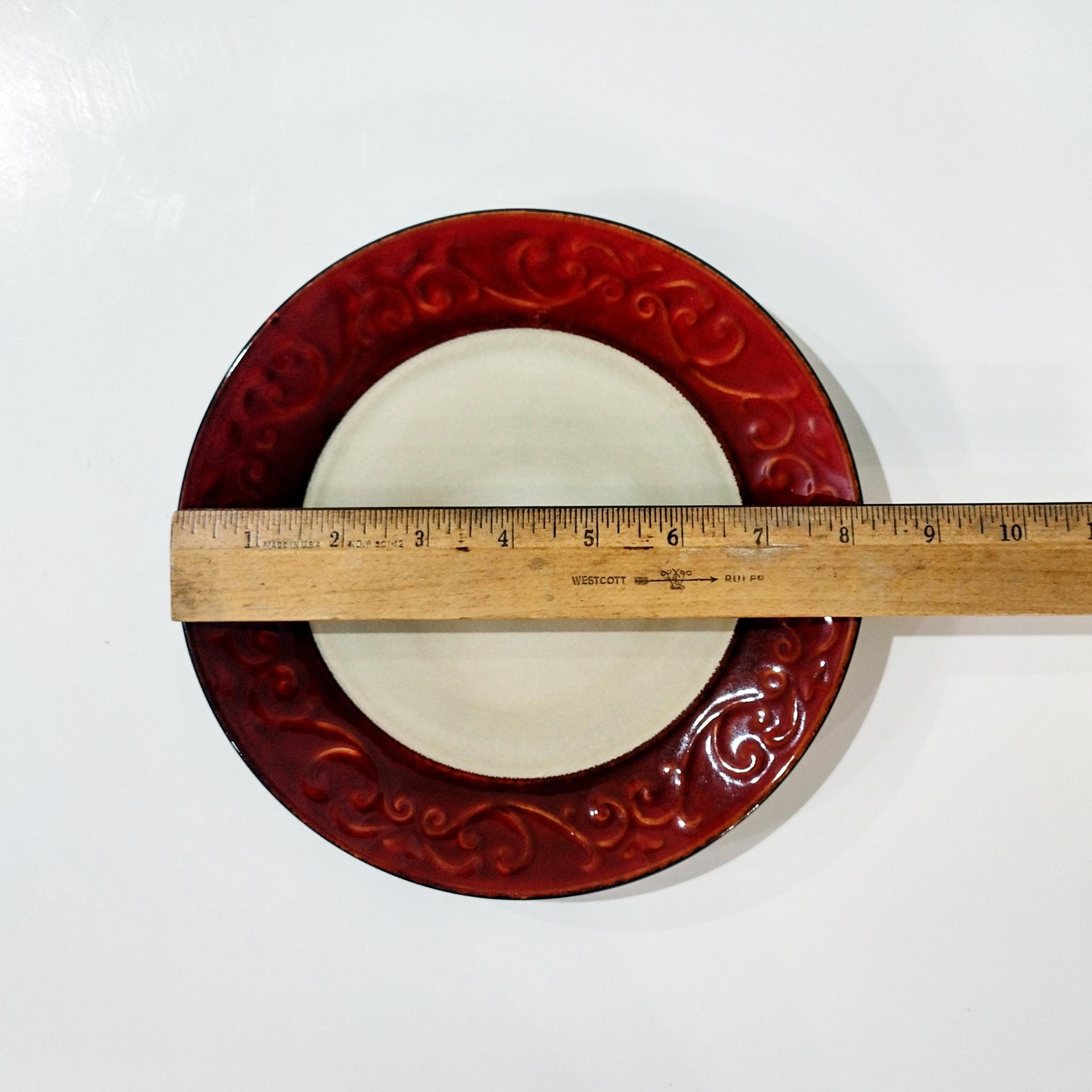 Pier One Red Scroll Ceramic Salad Appetizer Plates, Set of Four, Tuscan Style Plates