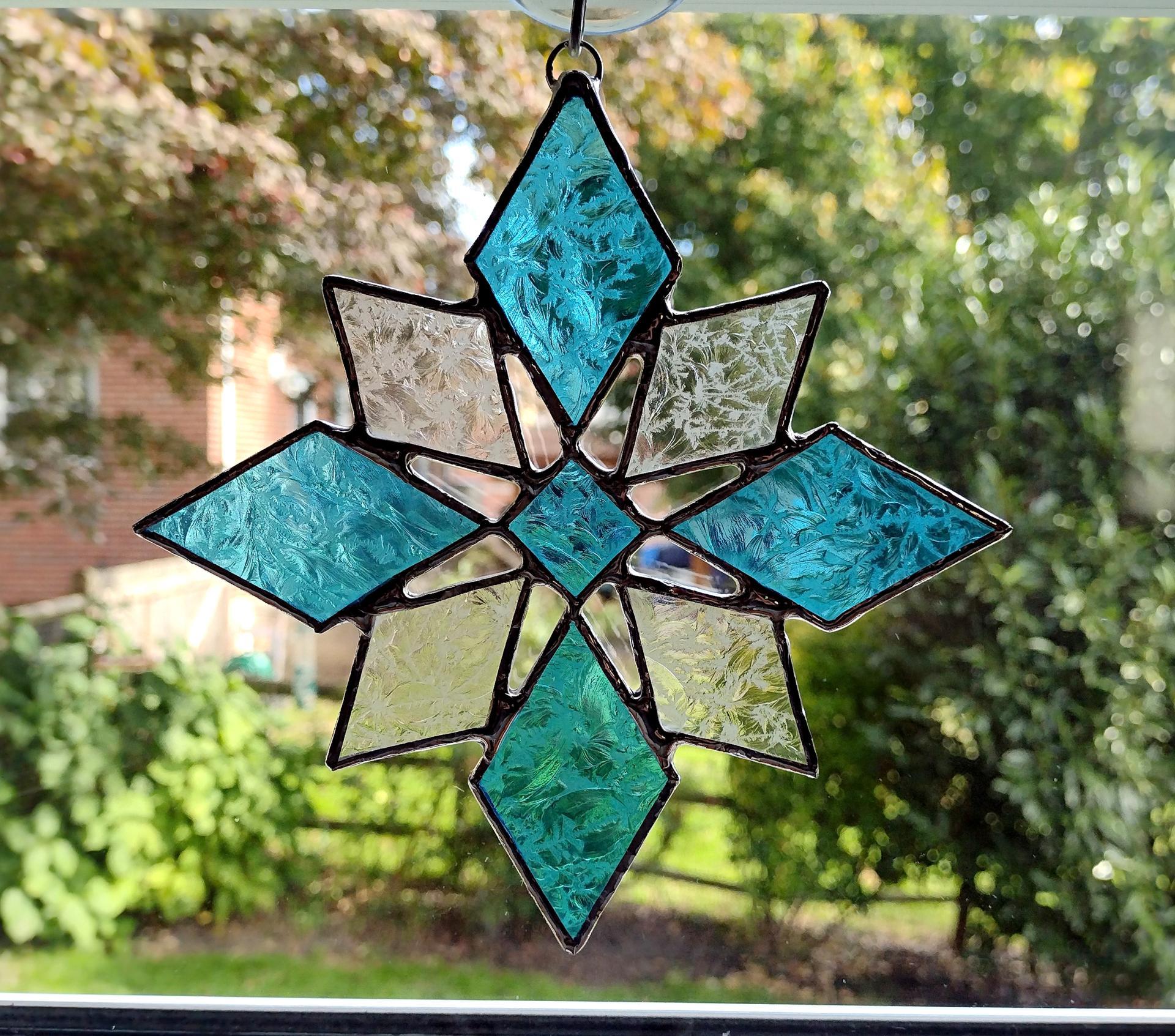 Blue Snowflake Stained Glass Suncatcher, Lacy Glue Chip Glass