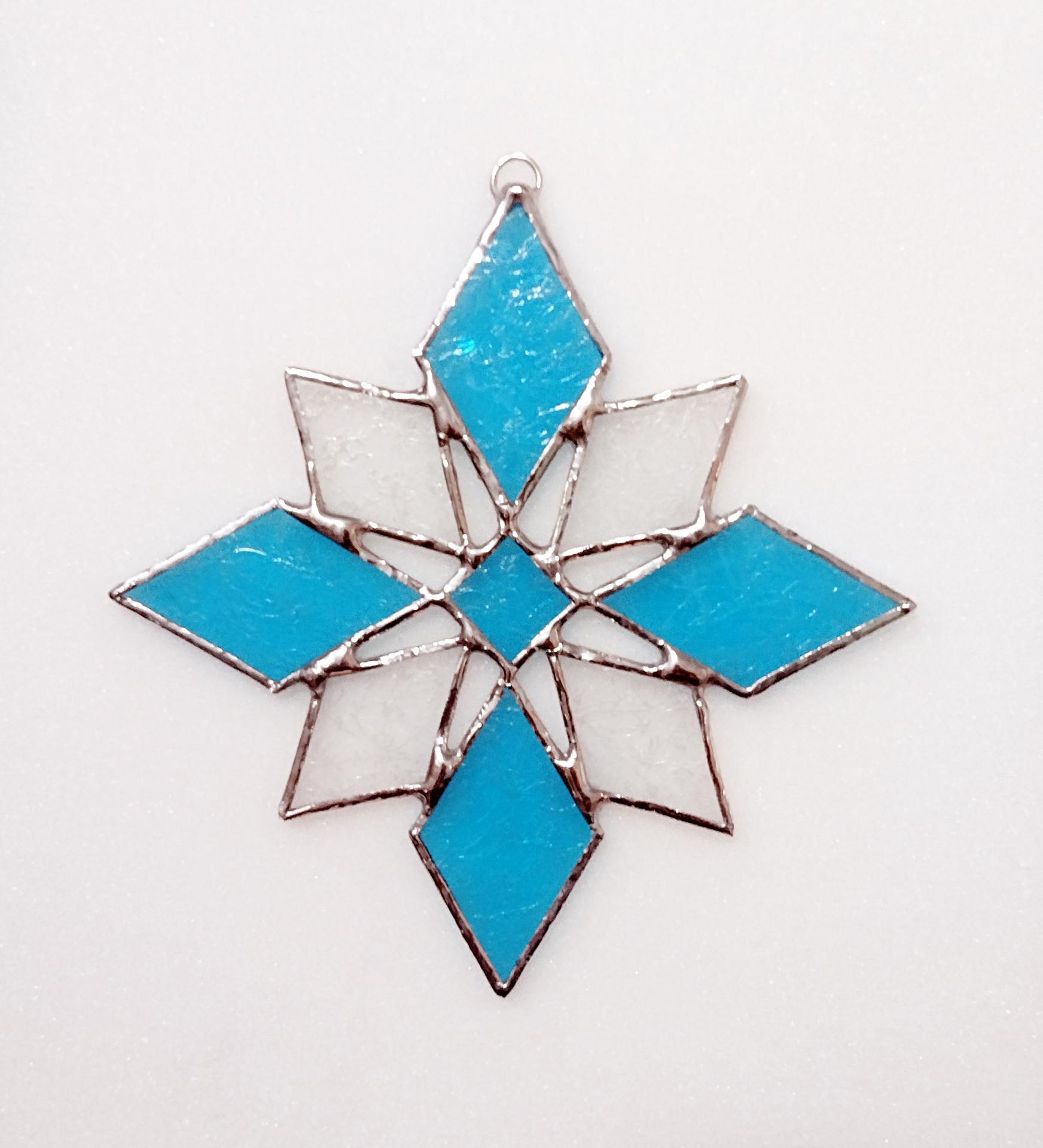 Blue Snowflake Stained Glass Suncatcher, Lacy Glue Chip Glass