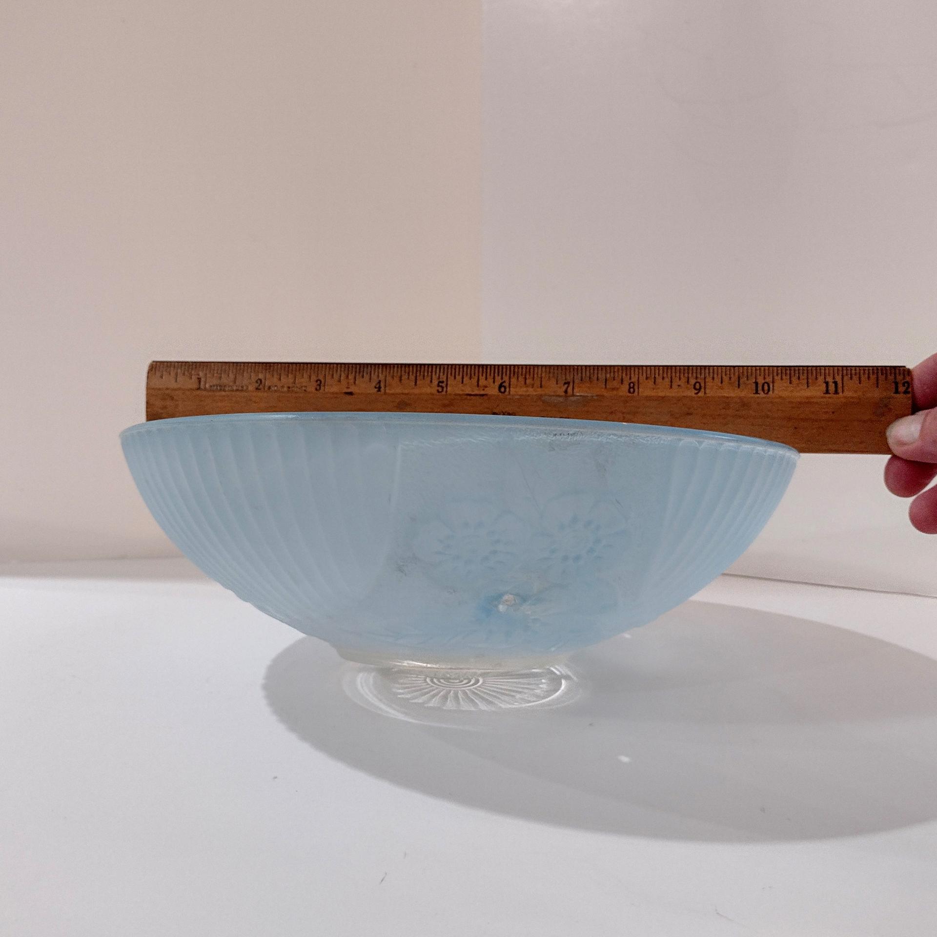 Vintage Art Deco Style Floral Light Blue Frosted Glass Three Chain Suspension Dome Shade