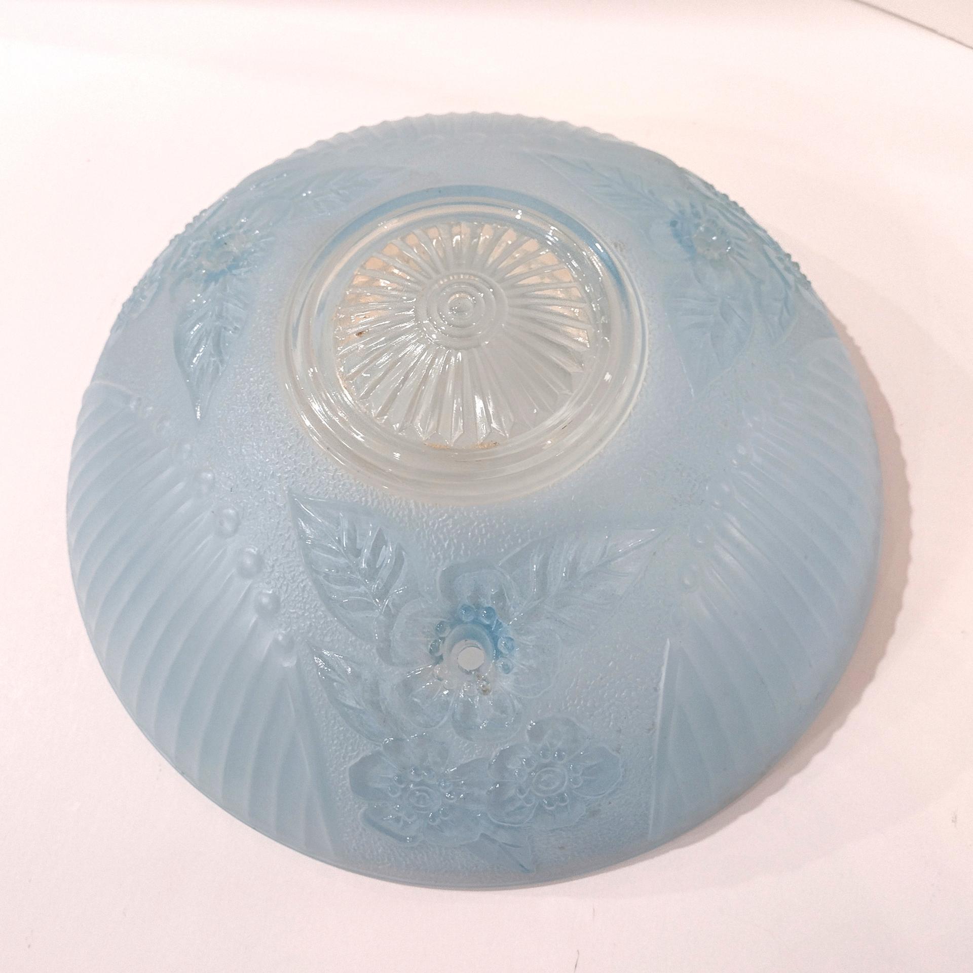 Vintage Art Deco Style Floral Light Blue Frosted Glass Three Chain Suspension Dome Shade