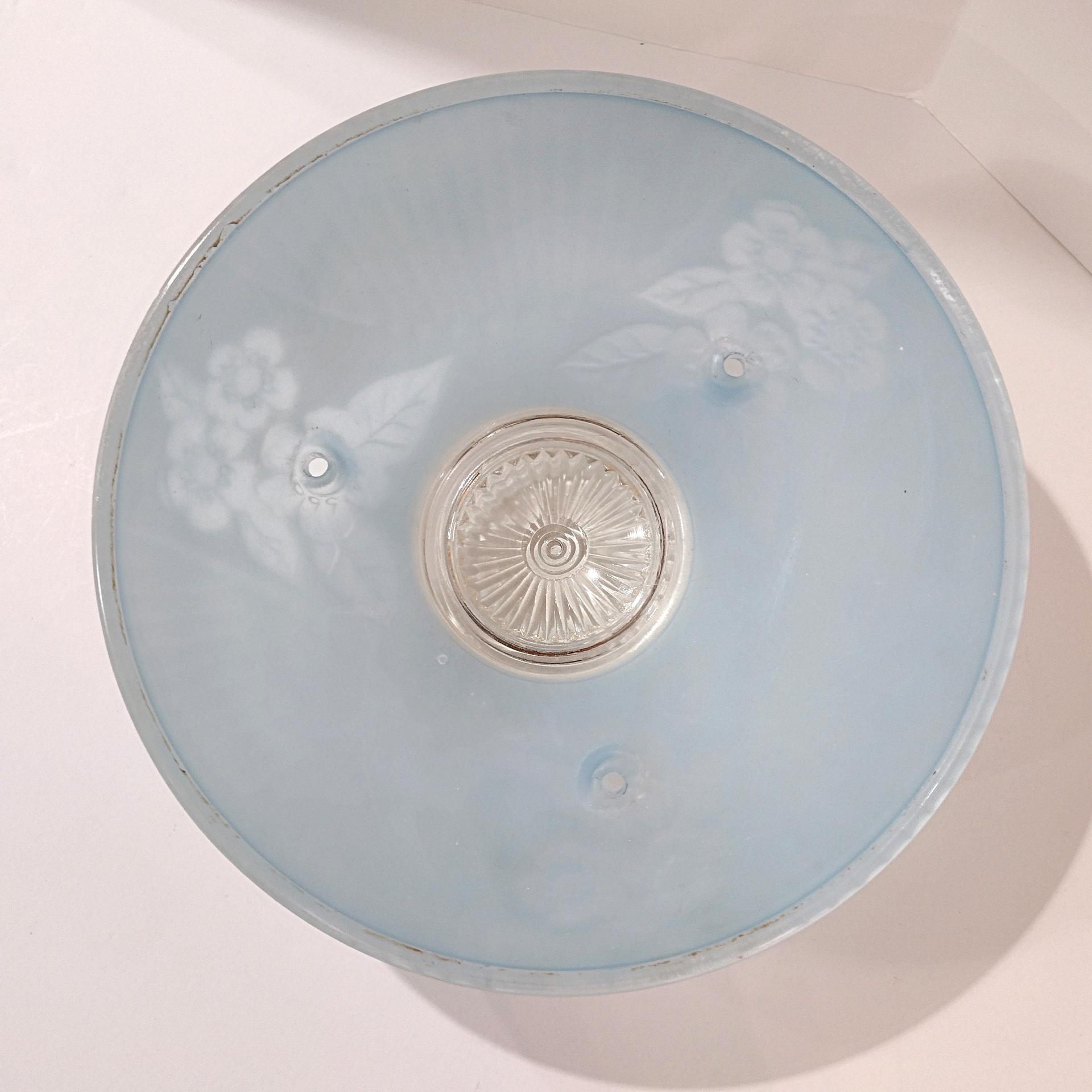 Vintage Art Deco Style Floral Light Blue Frosted Glass Three Chain Suspension Dome Shade