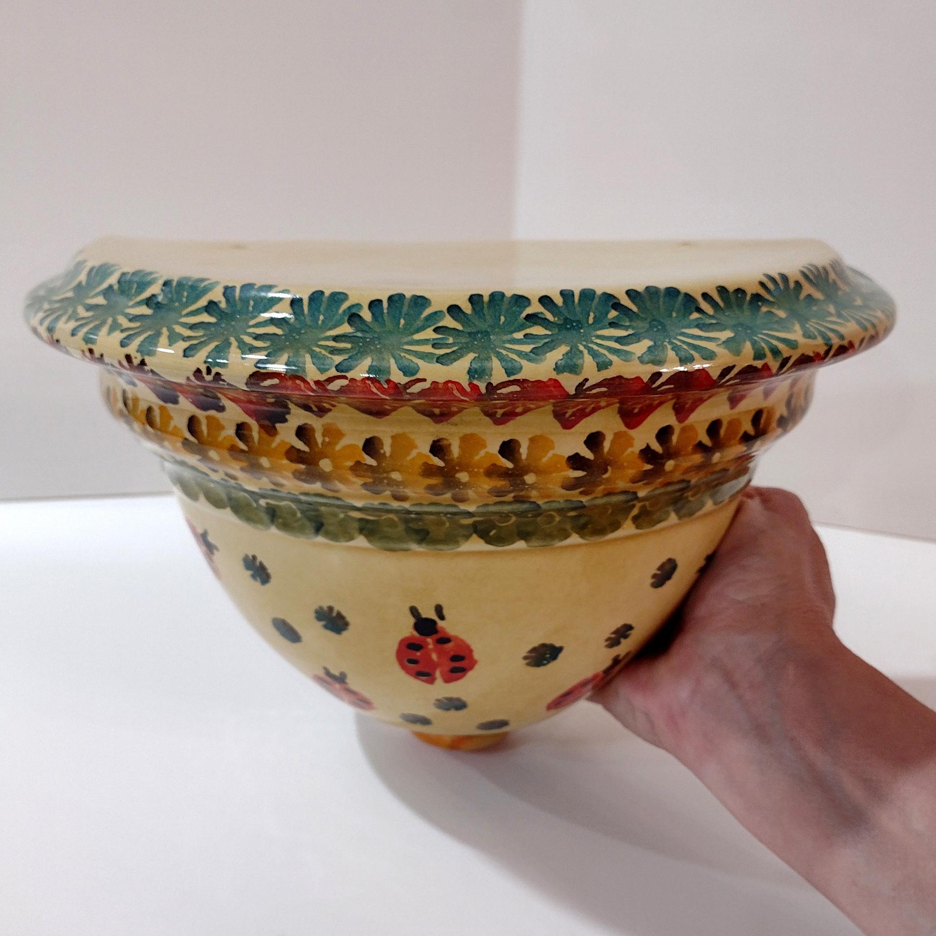 Vintage Tuscan Ceramic Wall Shelf Sconce with Lady Bug Floral Design