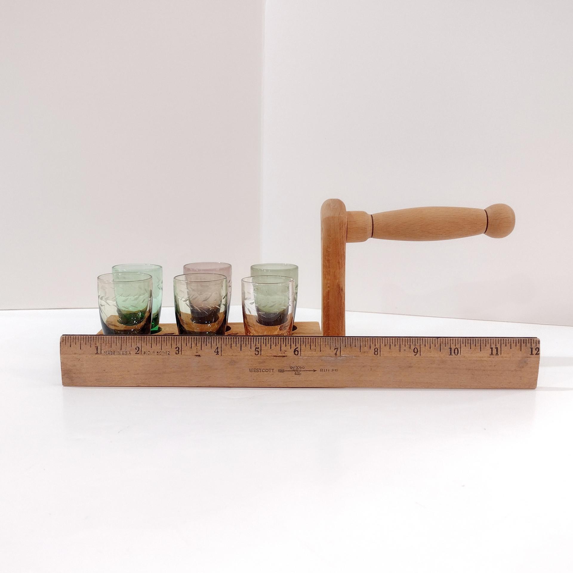 Wooden Shot Glass Holder Server with Six Etched Multi Colored Shot Glasses