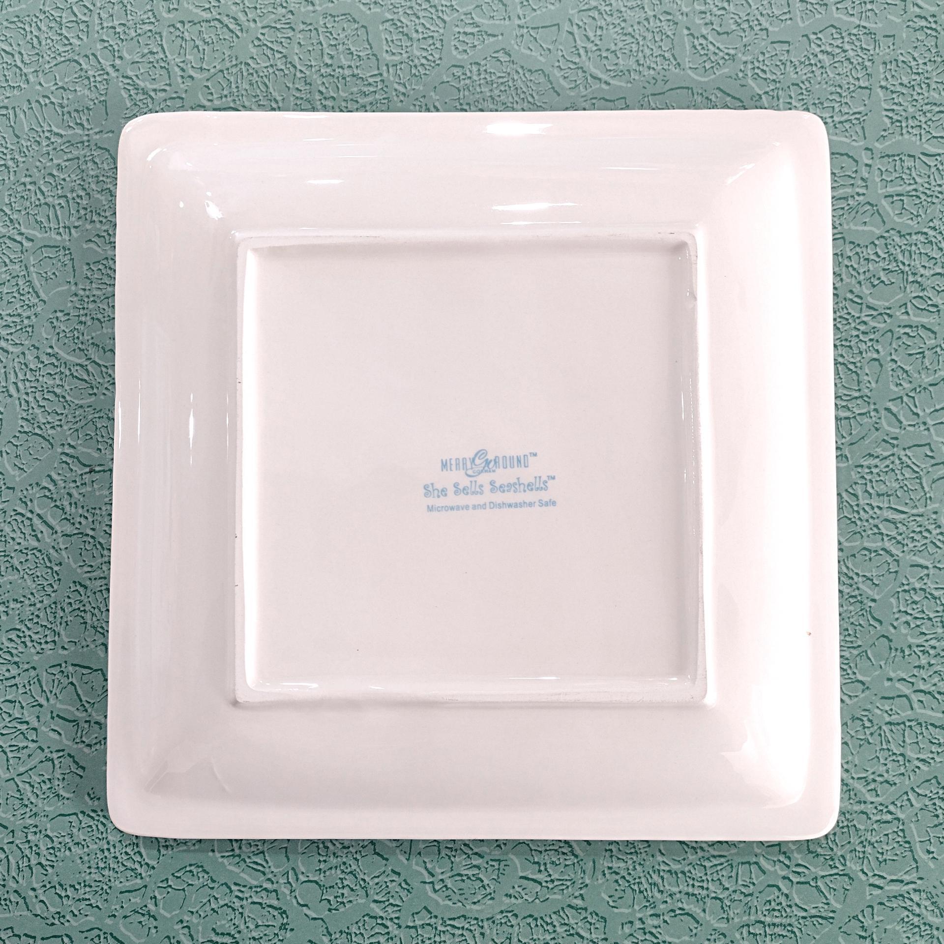 Vintage Blue and White Striped Sea Shell Square Plates, Set of Two, Nautical Beach Dinnerware