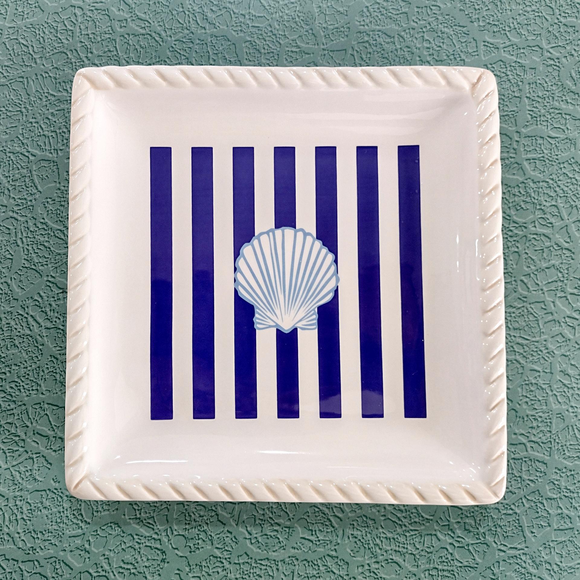 Vintage Blue and White Striped Sea Shell Square Plates, Set of Two, Nautical Beach Dinnerware