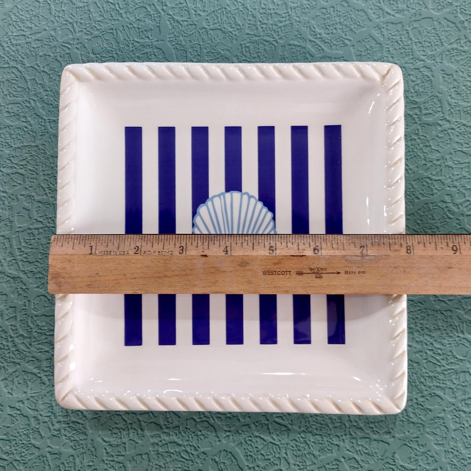 Vintage Blue and White Striped Sea Shell Square Plates, Set of Two, Nautical Beach Dinnerware
