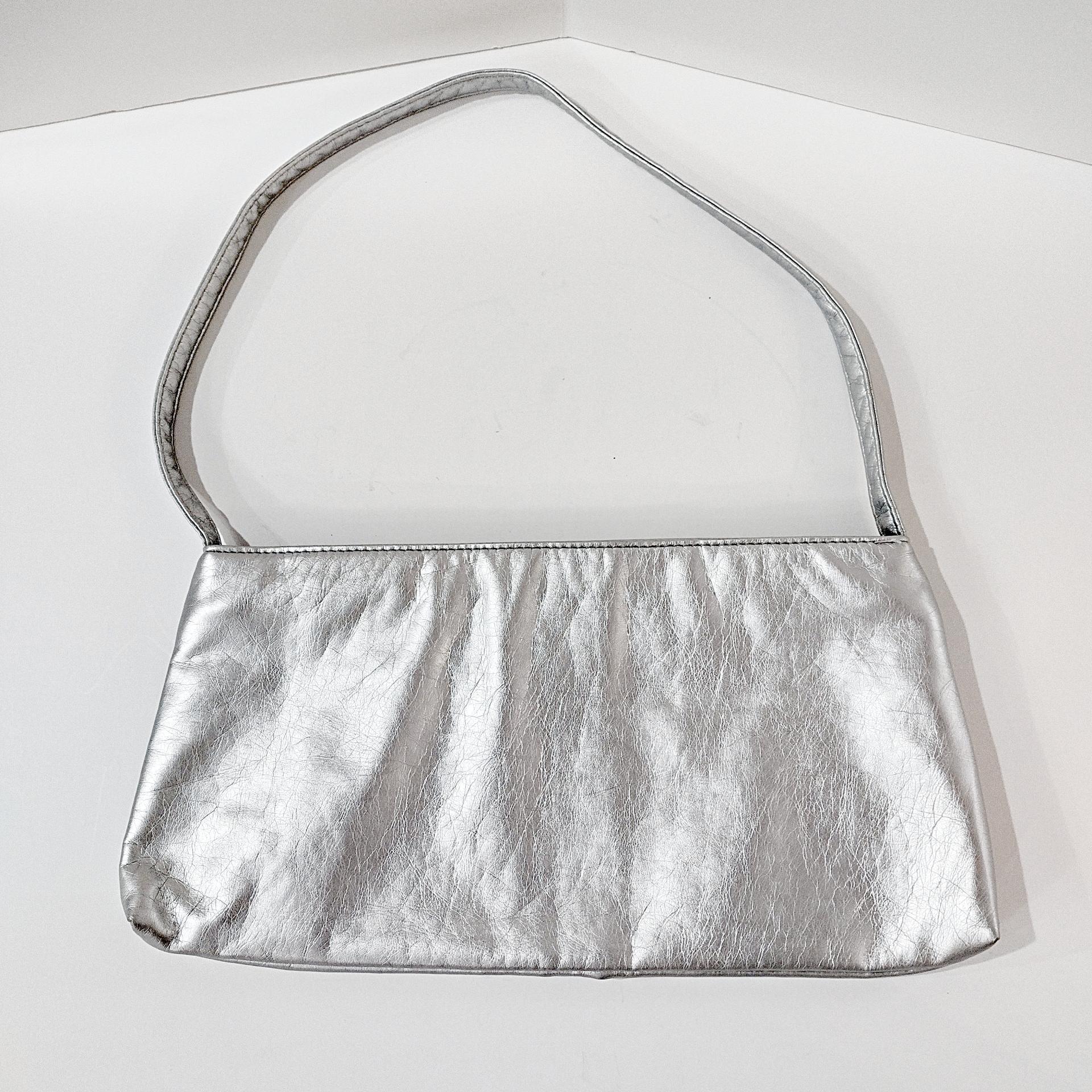 Vintage Silver Metallic Ruched Handbag Purse with Cotton Polka Dot Lining