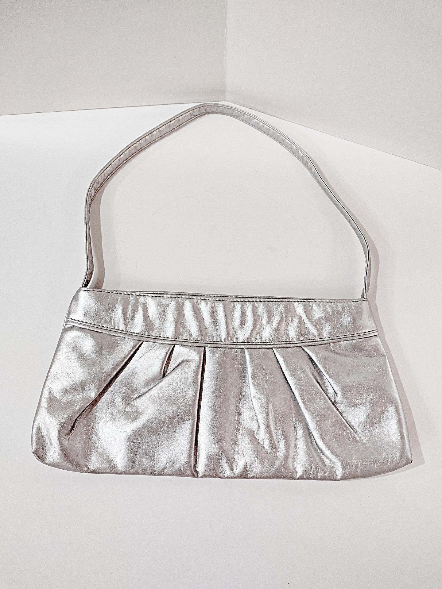 Vintage Silver Metallic Ruched Handbag Purse with Cotton Polka Dot Lining