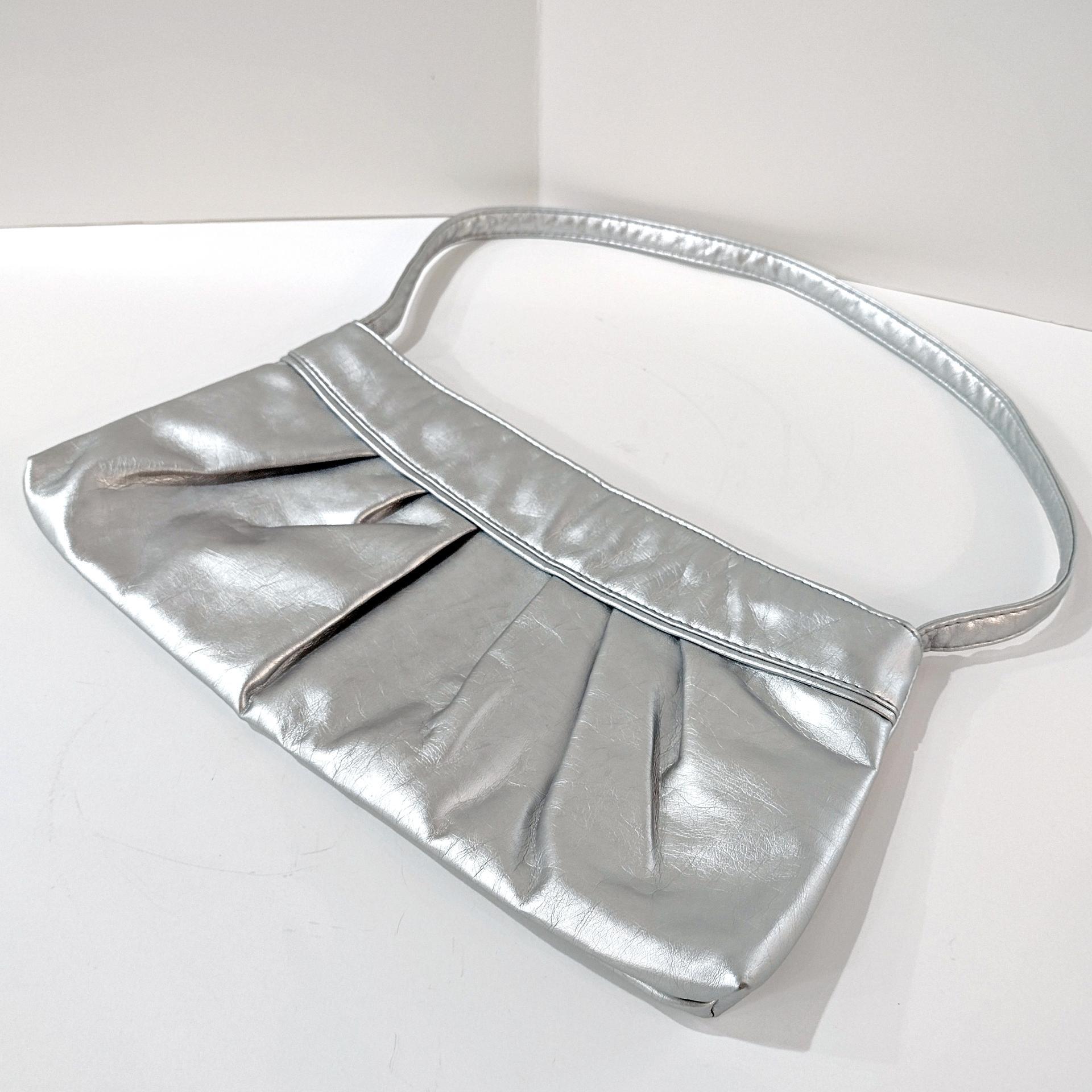 Vintage Silver Metallic Ruched Handbag Purse with Cotton Polka Dot Lining