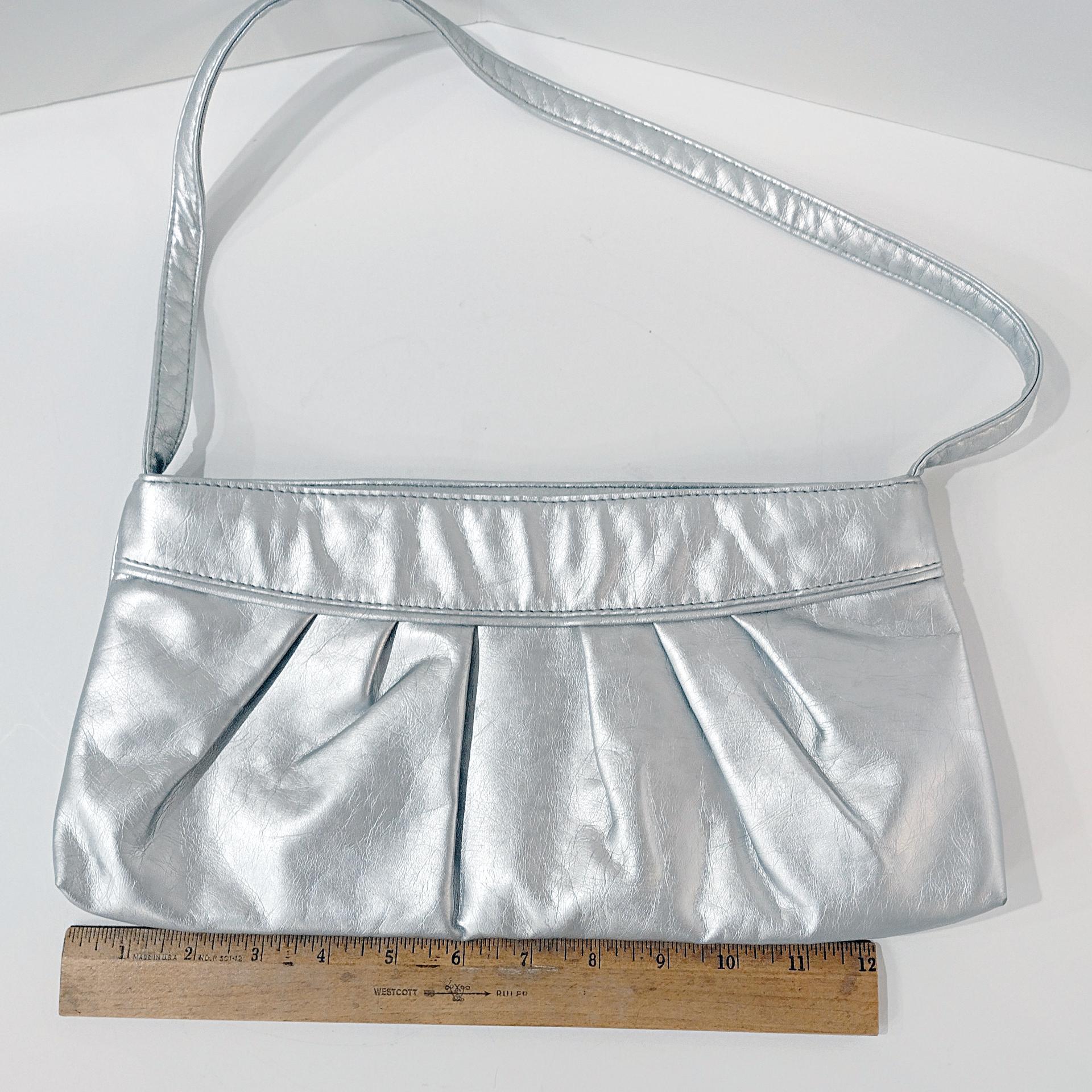 Vintage Silver Metallic Ruched Handbag Purse with Cotton Polka Dot Lining