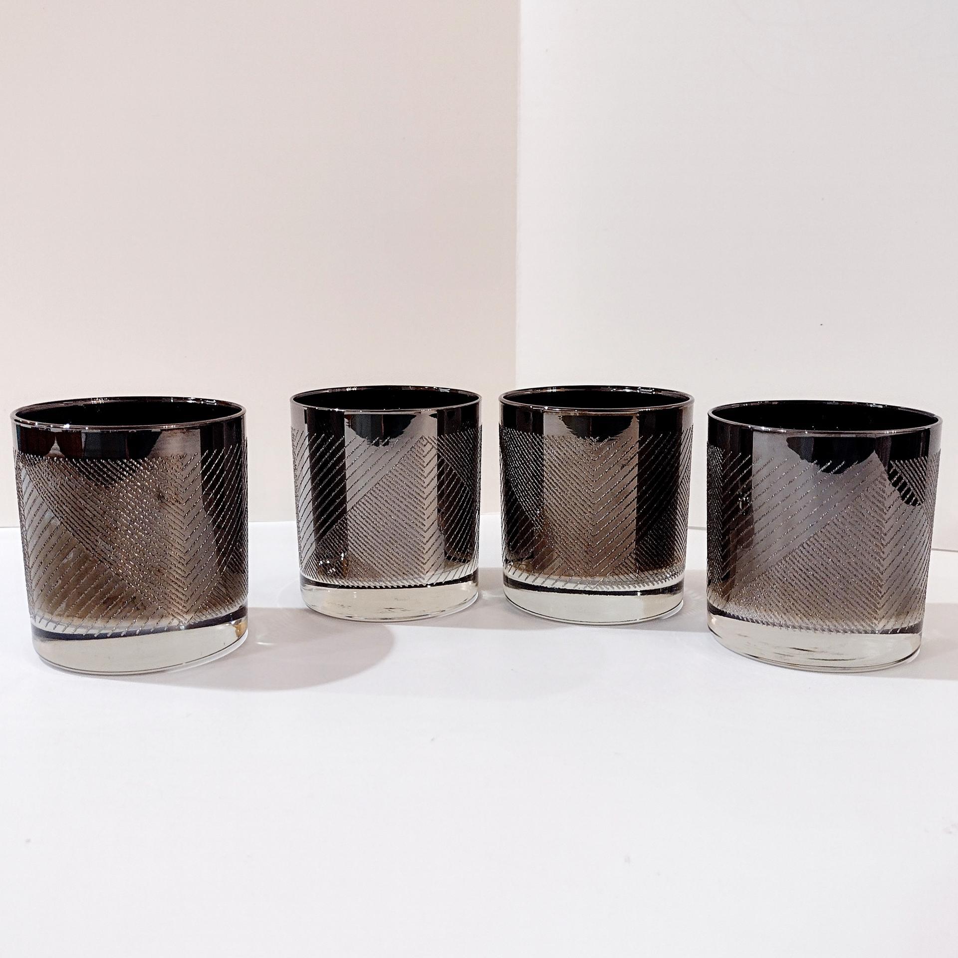 Vintage Silver Chevron Whiskey Glasses, Set of Four, Retro Rocks Glasses