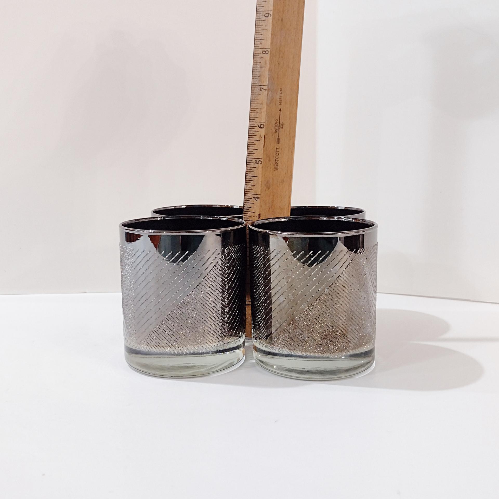 Vintage Silver Chevron Whiskey Glasses, Set of Four, Retro Rocks Glasses
