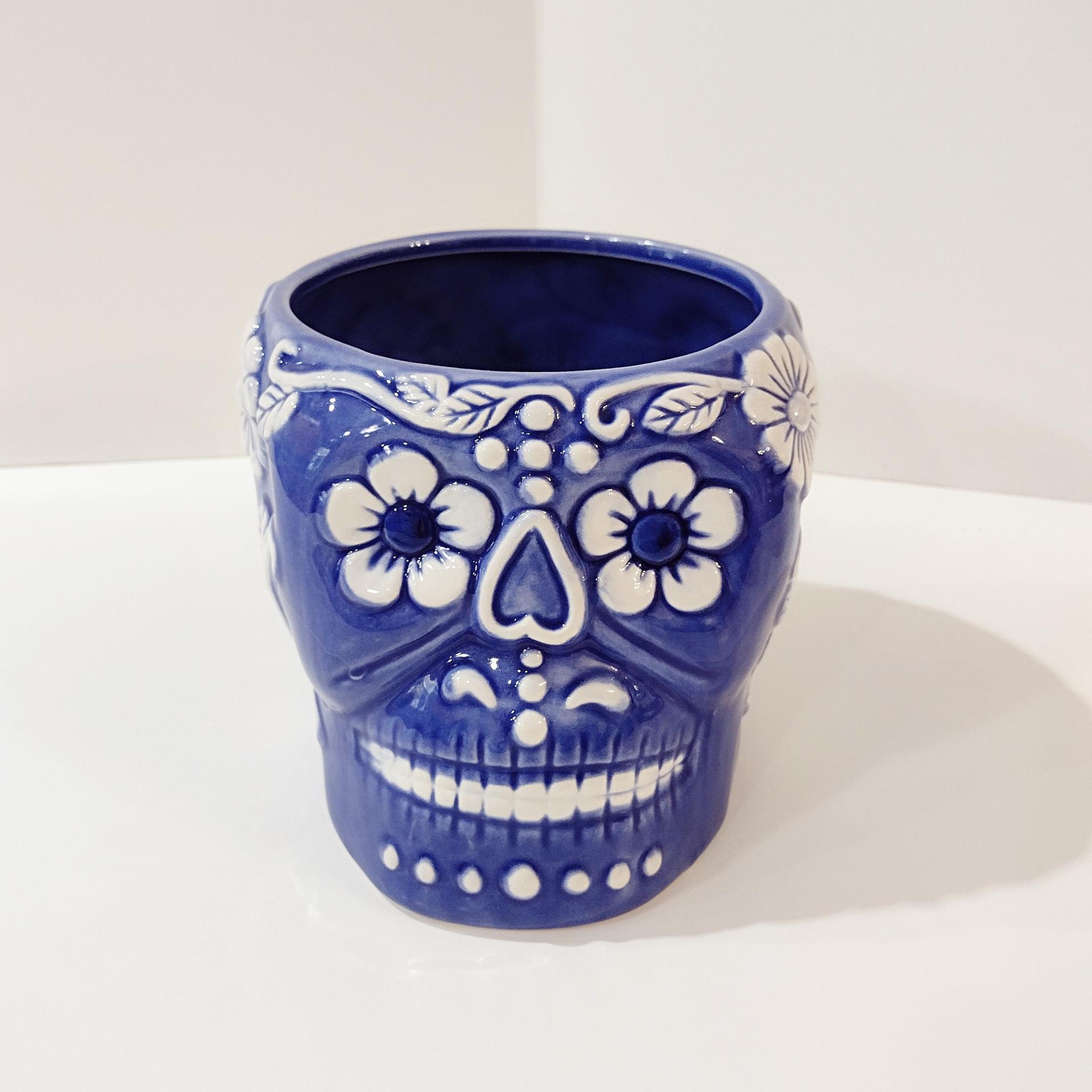 Sugar Skull Day of the Dead Planter, Blue and White Skull Planter, Halloween Decor
