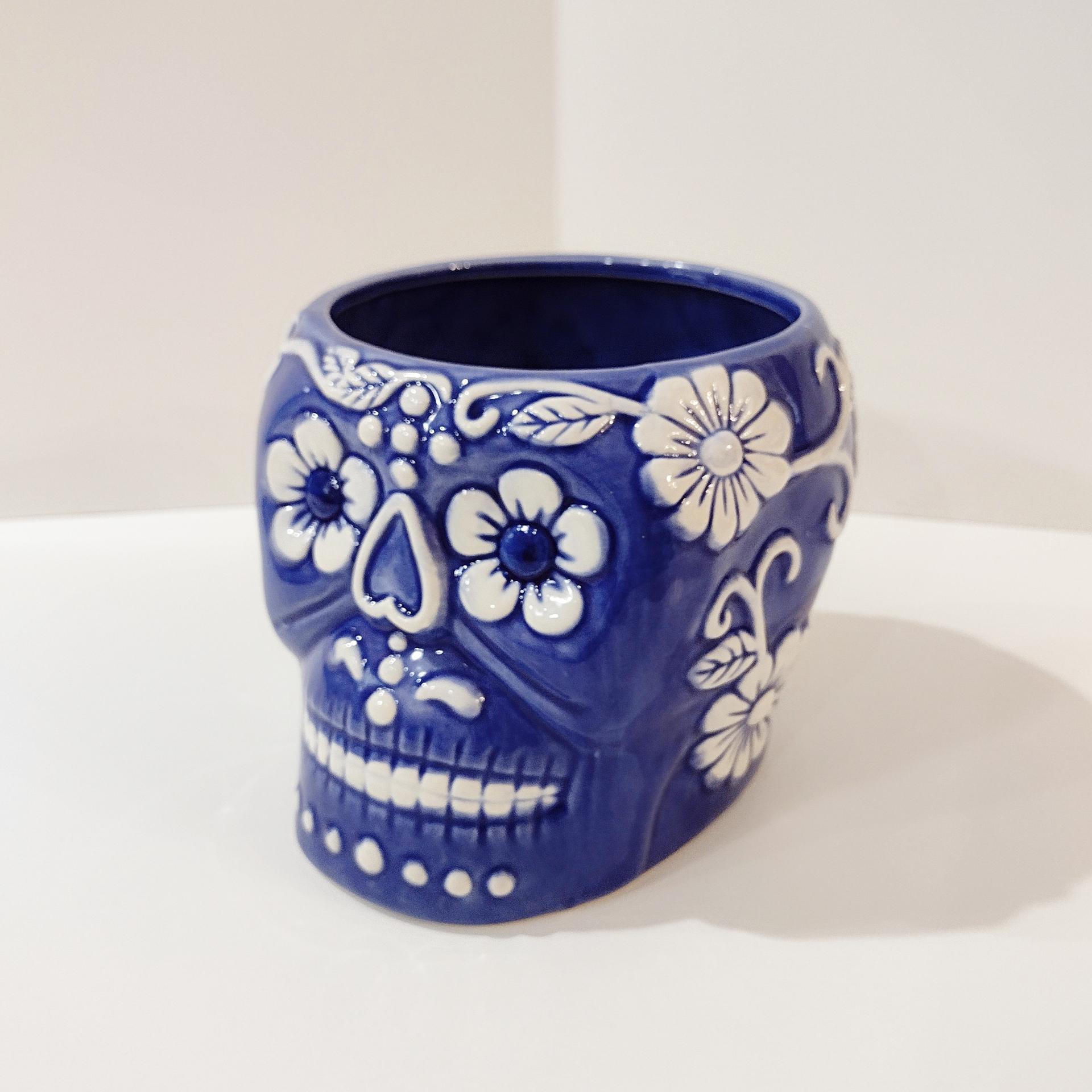 Sugar Skull Day of the Dead Planter, Blue and White Skull Planter, Halloween Decor