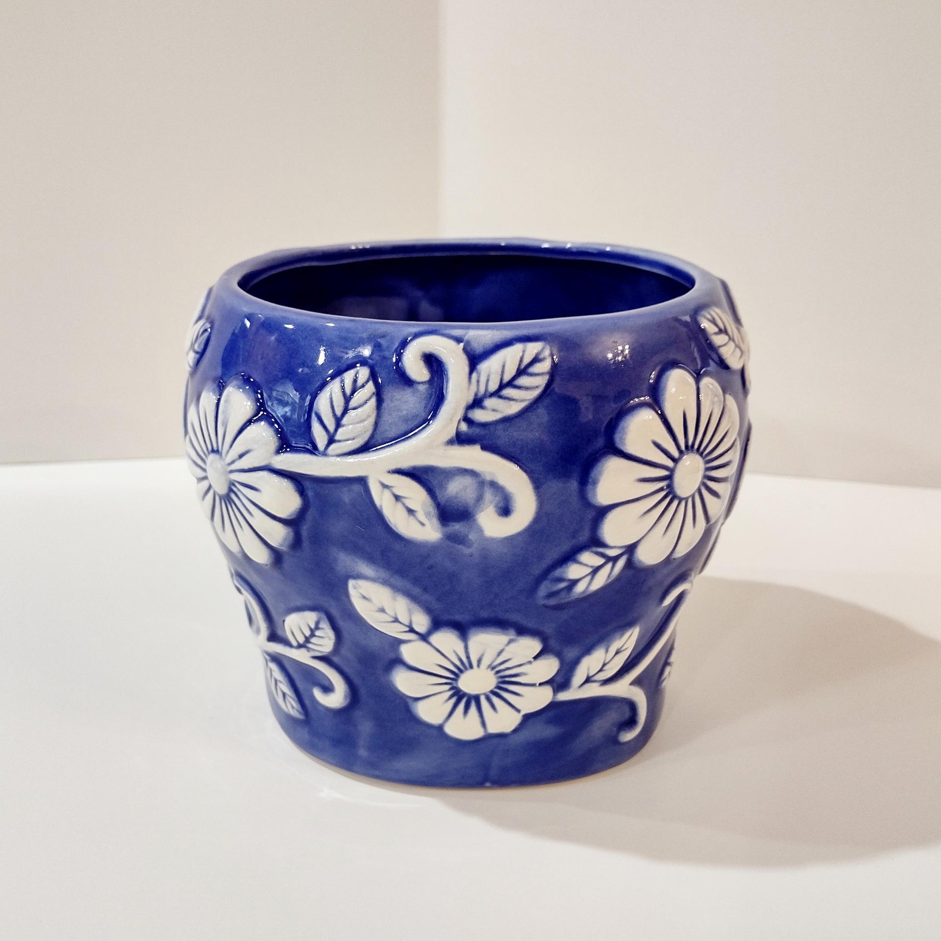 Sugar Skull Day of the Dead Planter, Blue and White Skull Planter, Halloween Decor