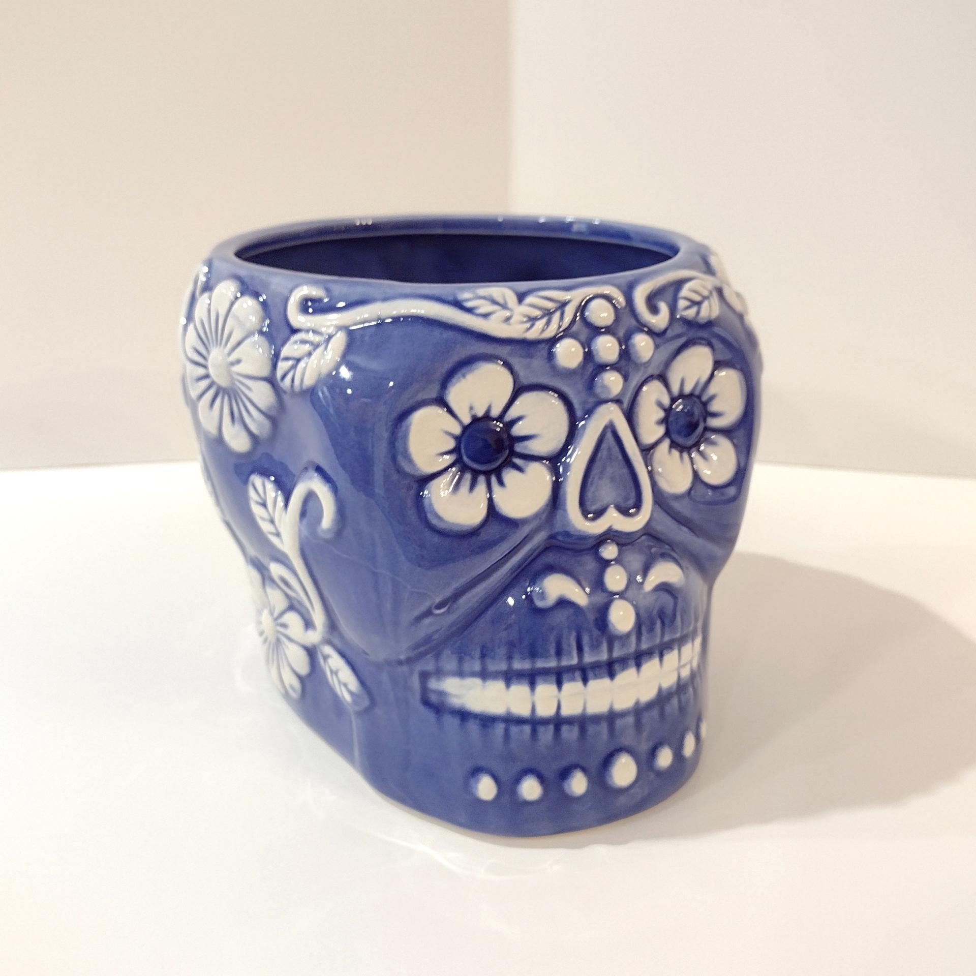 Sugar Skull Day of the Dead Planter, Blue and White Skull Planter, Halloween Decor