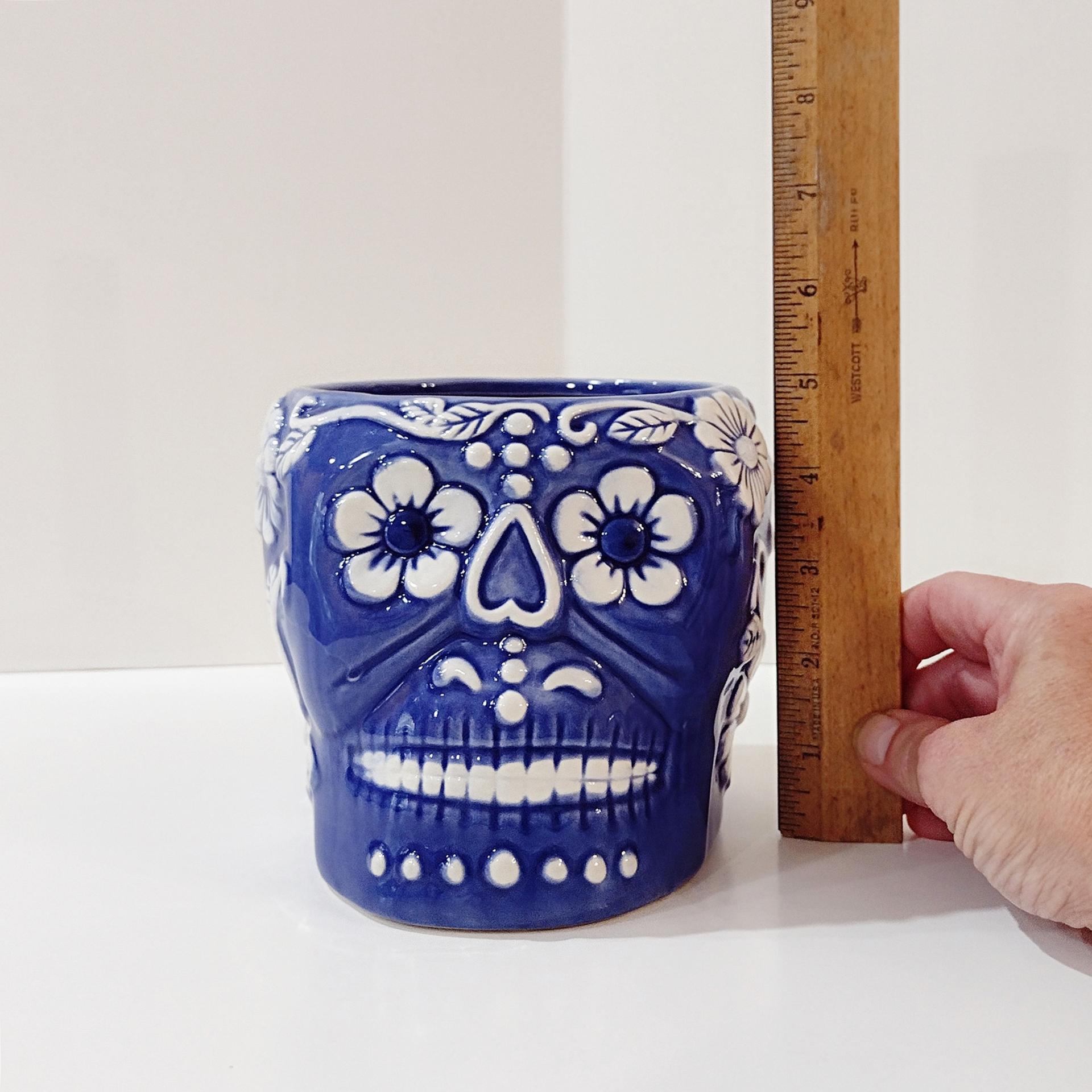 Sugar Skull Day of the Dead Planter, Blue and White Skull Planter, Halloween Decor