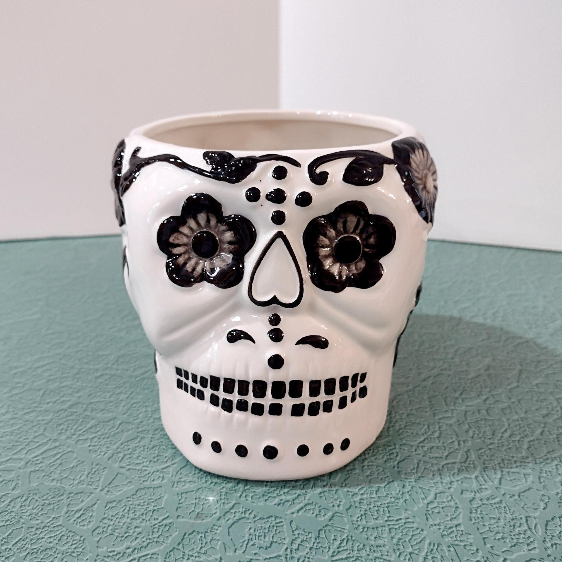 White and Black Skull Planter, Halloween Decor, Skull Candy Holder