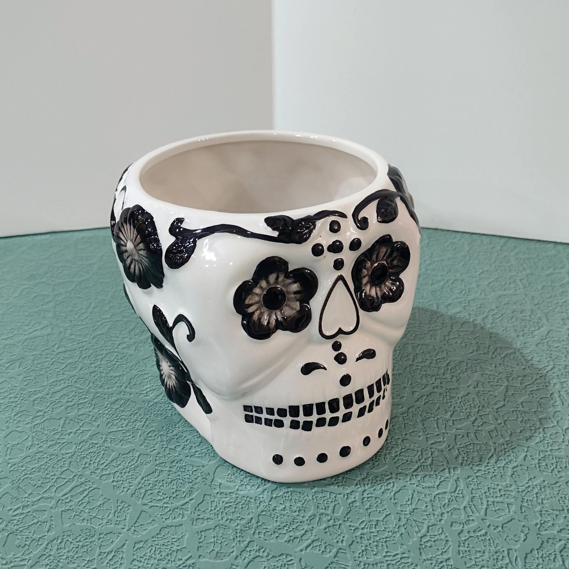 White and Black Skull Planter, Halloween Decor, Skull Candy Holder
