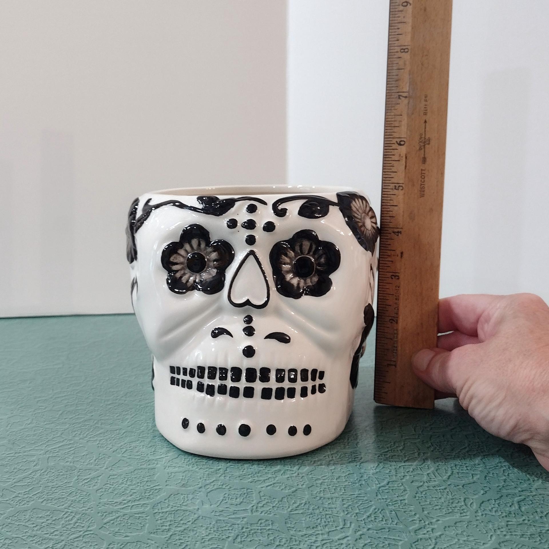 White and Black Skull Planter, Halloween Decor, Skull Candy Holder