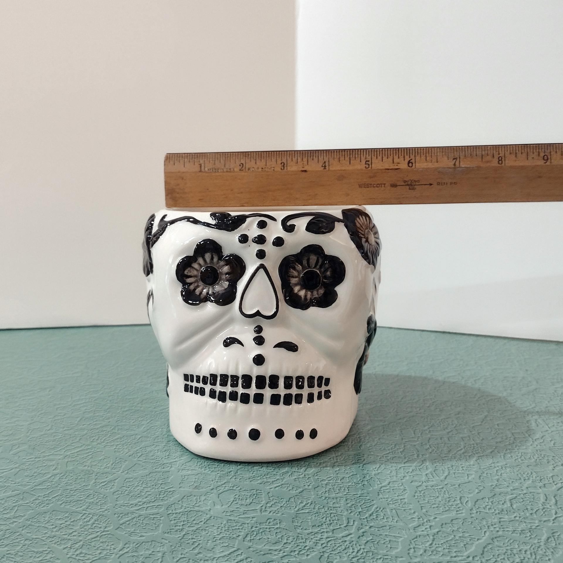 White and Black Skull Planter, Halloween Decor, Skull Candy Holder