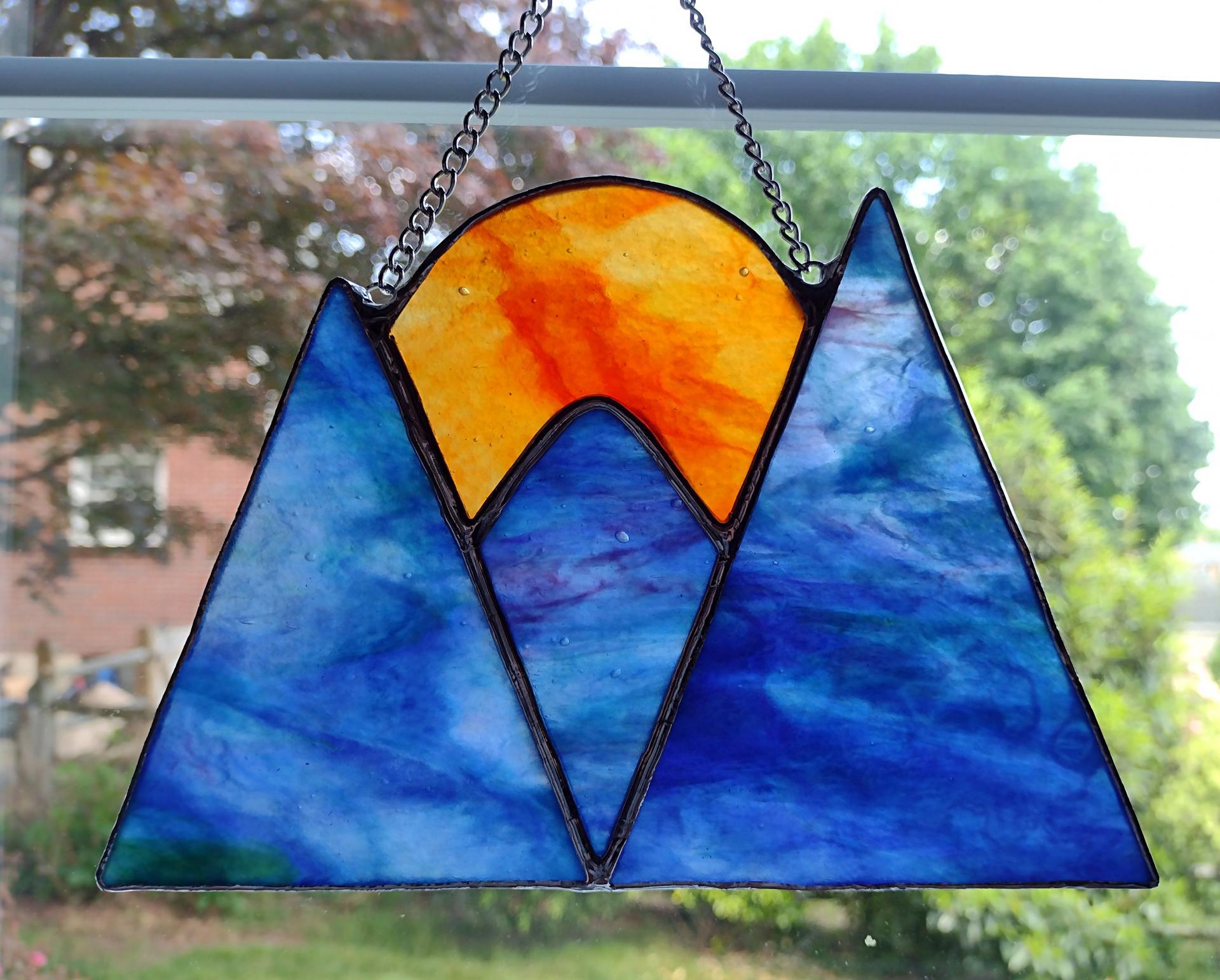 Stained Glass Mountain Sunset/Sunrise Suncatcher, Blue and Purple