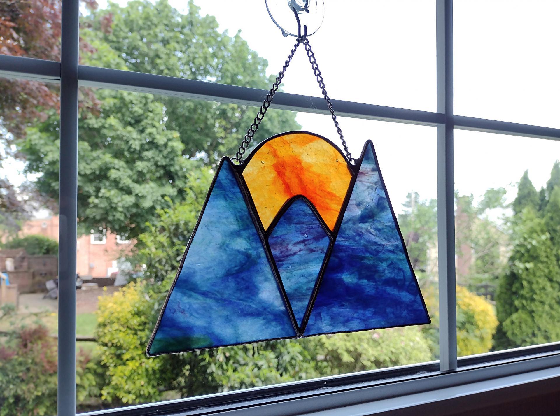 Stained Glass Mountain Sunset/Sunrise Suncatcher, Blue and Purple