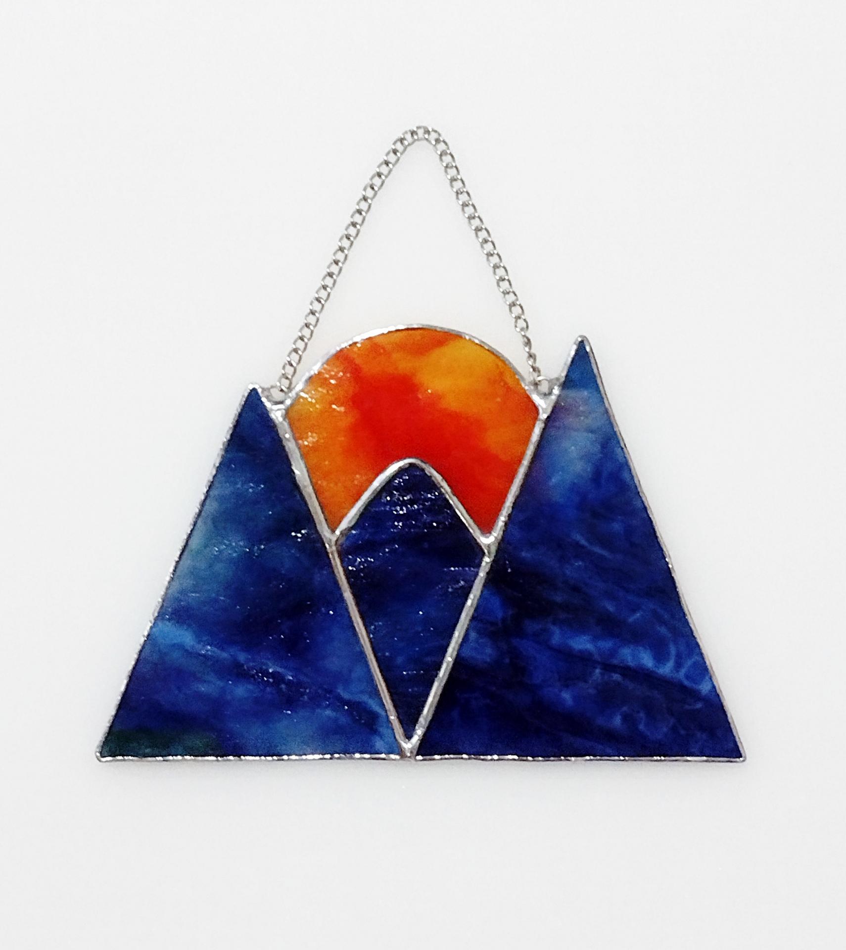 Stained Glass Mountain Sunset/Sunrise Suncatcher, Blue and Purple
