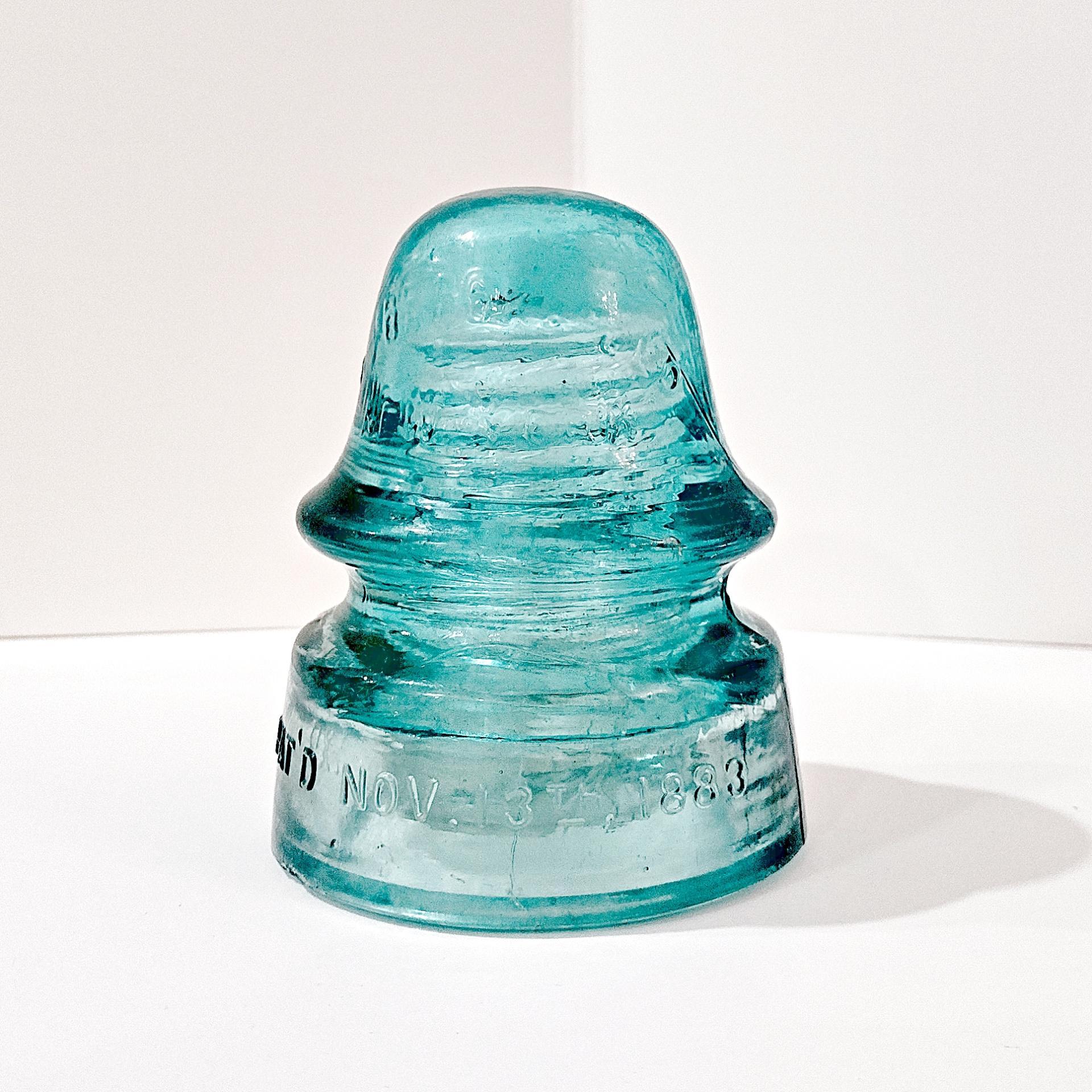 Antique W. Brookfield New York Aqua Blue Glass Insulator, Pat'd Nov 13th 1883, Vintage Glass Telegraph Telephone Rail Road CD 162 Insulator