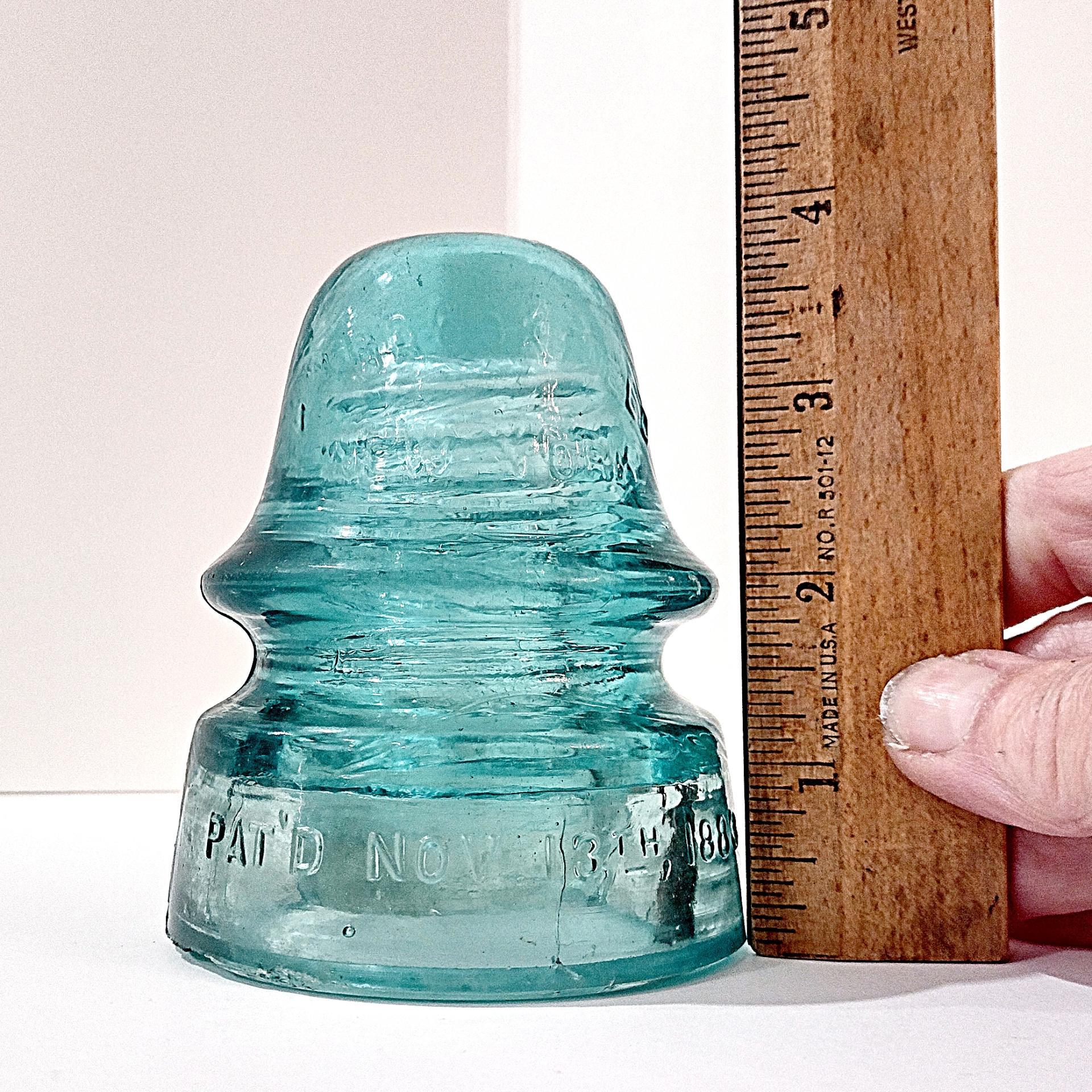 Antique W. Brookfield New York Aqua Blue Glass Insulator, Pat'd Nov 13th 1883, Vintage Glass Telegraph Telephone Rail Road CD 162 Insulator