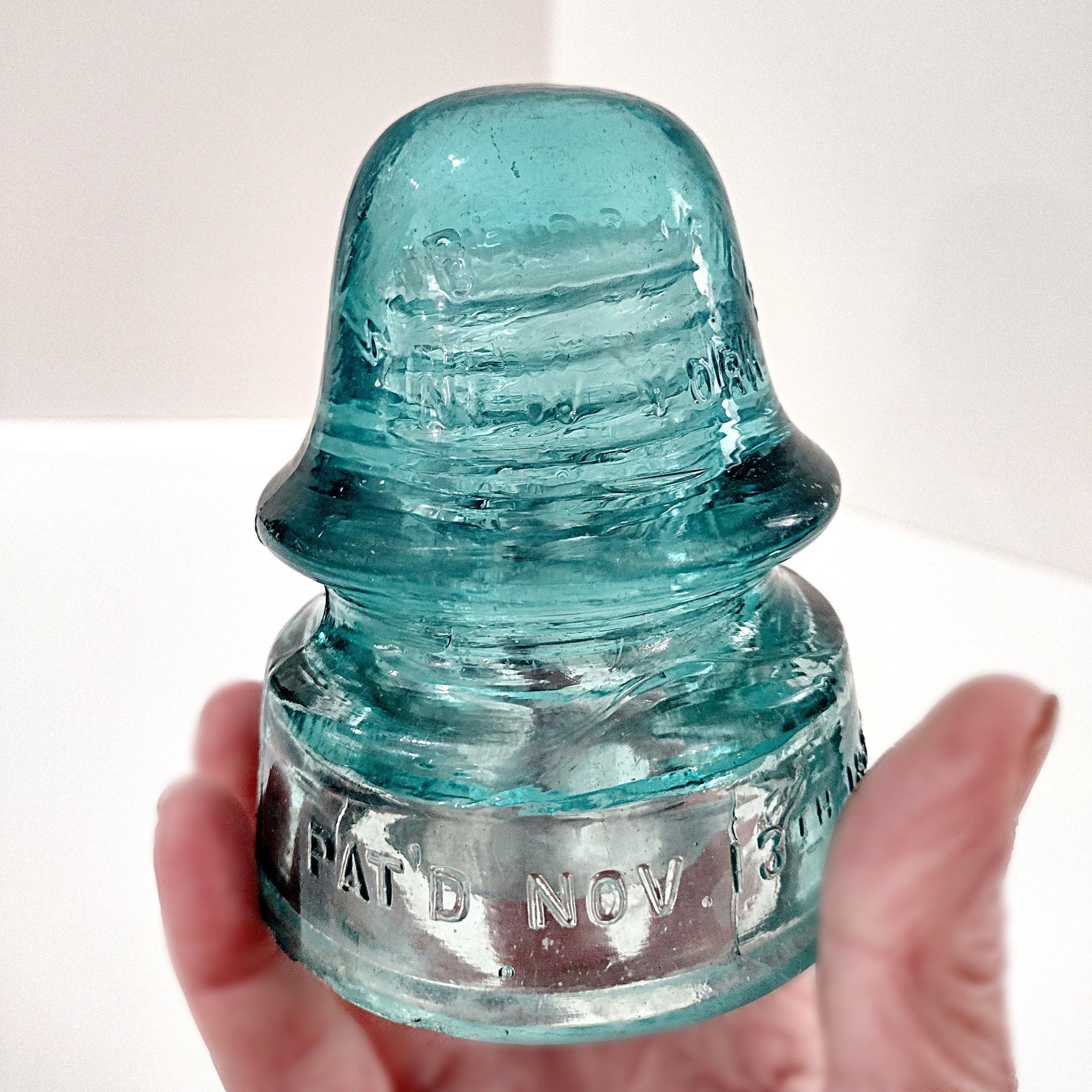 Antique W. Brookfield New York Aqua Blue Glass Insulator, Pat'd Nov 13th 1883, Vintage Glass Telegraph Telephone Rail Road CD 162 Insulator