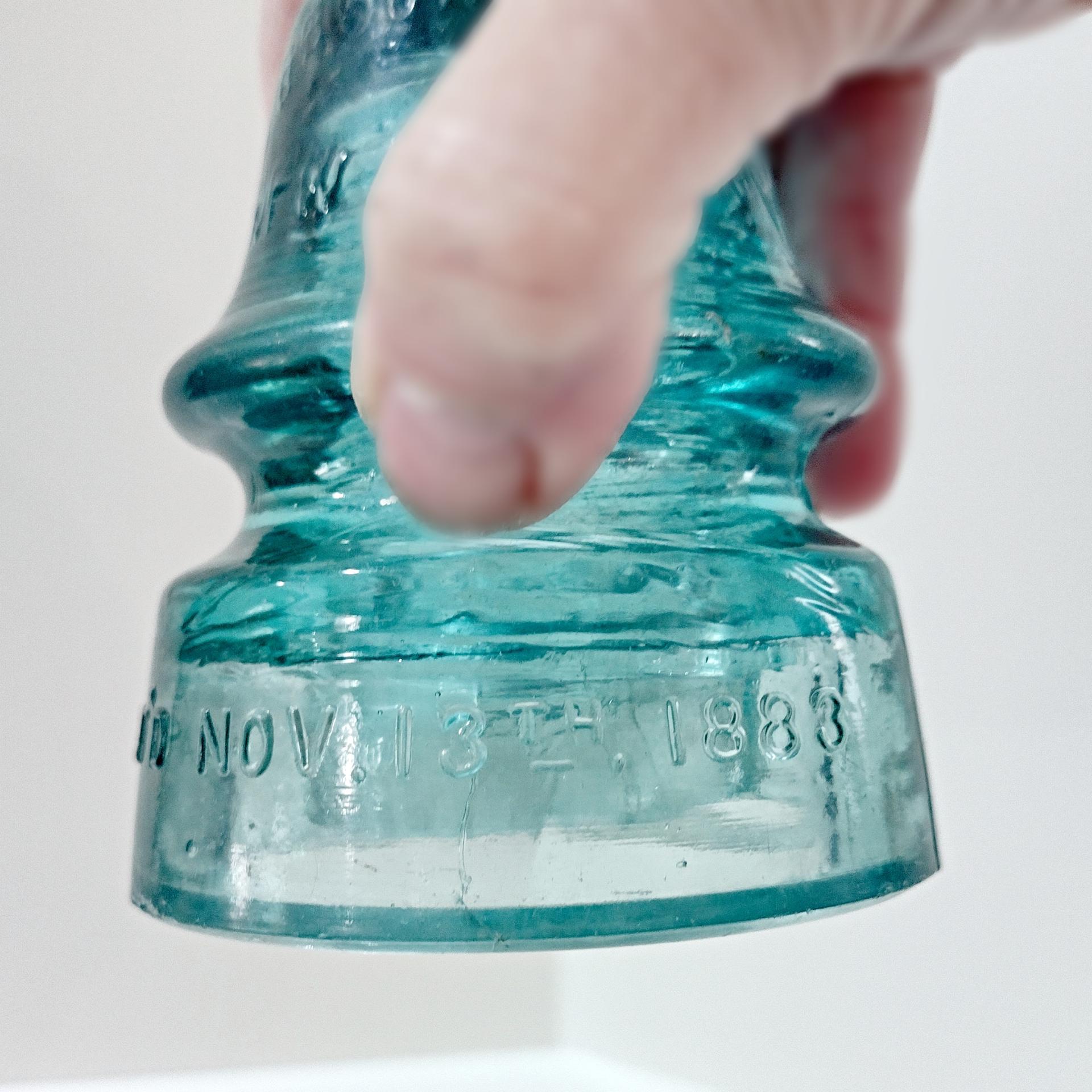 Antique W. Brookfield New York Aqua Blue Glass Insulator, Pat'd Nov 13th 1883, Vintage Glass Telegraph Telephone Rail Road CD 162 Insulator