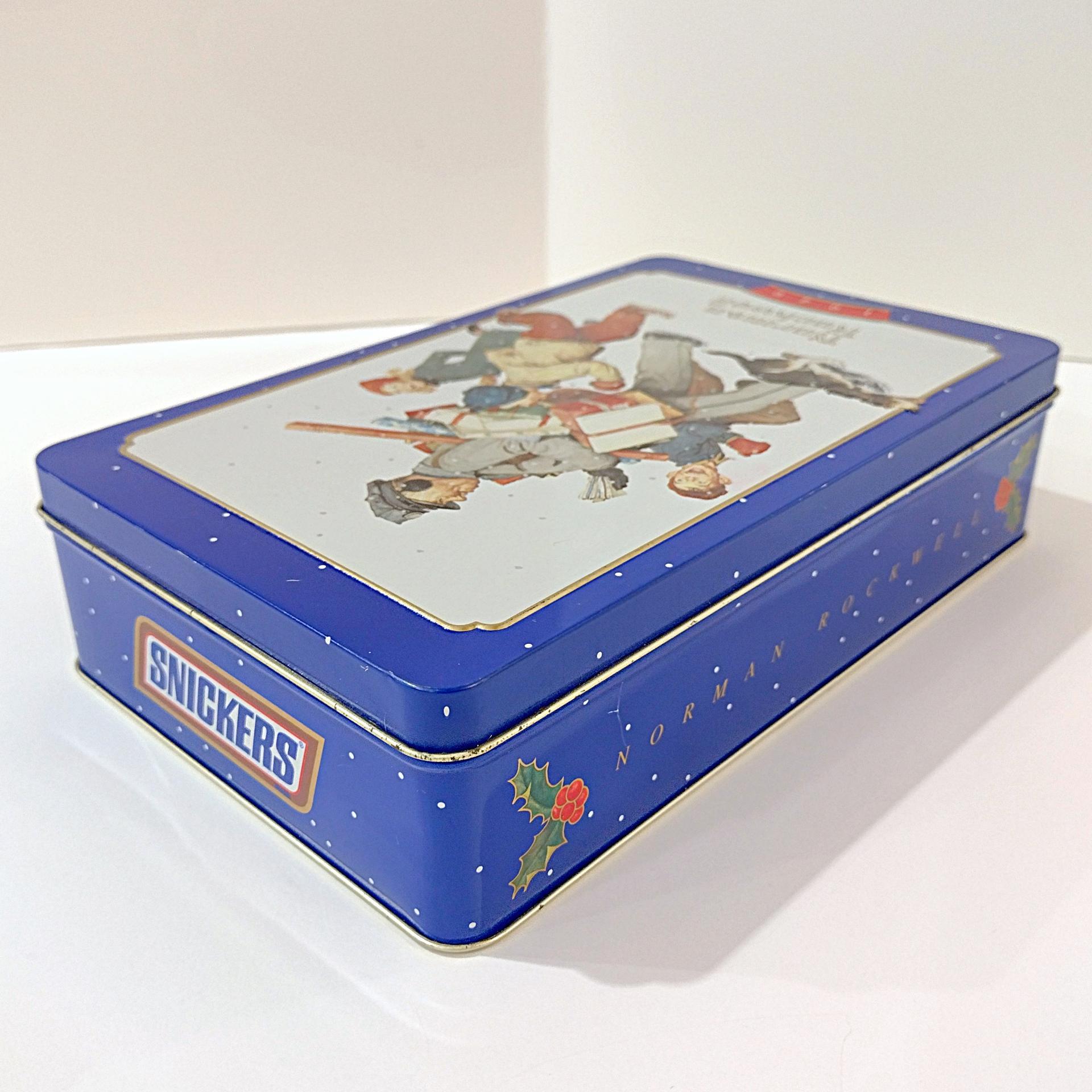 Vintage 1996 Norman Rockwell Snickers Christmas Holiday Tin, Snickers Candy Collectible Tin Storage Container